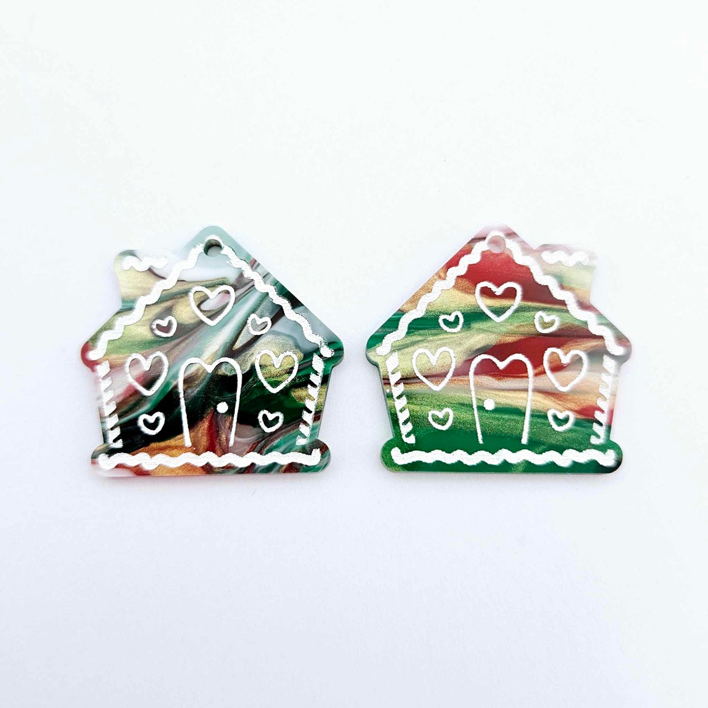 red green white gold shimmer swirl marble gingerbread houses Christmas Xmas DIY earring supplies laser cut acrylic dangles blanks engraved paint fill icing frosting