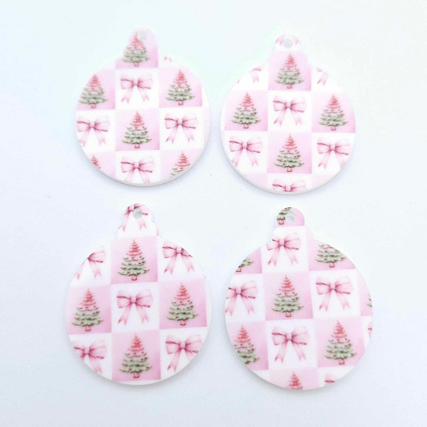 pink patchwork bows trees UV print baubles Christmas Xmas tree DIY earring supplies laser cut acrylic dangles blanks
