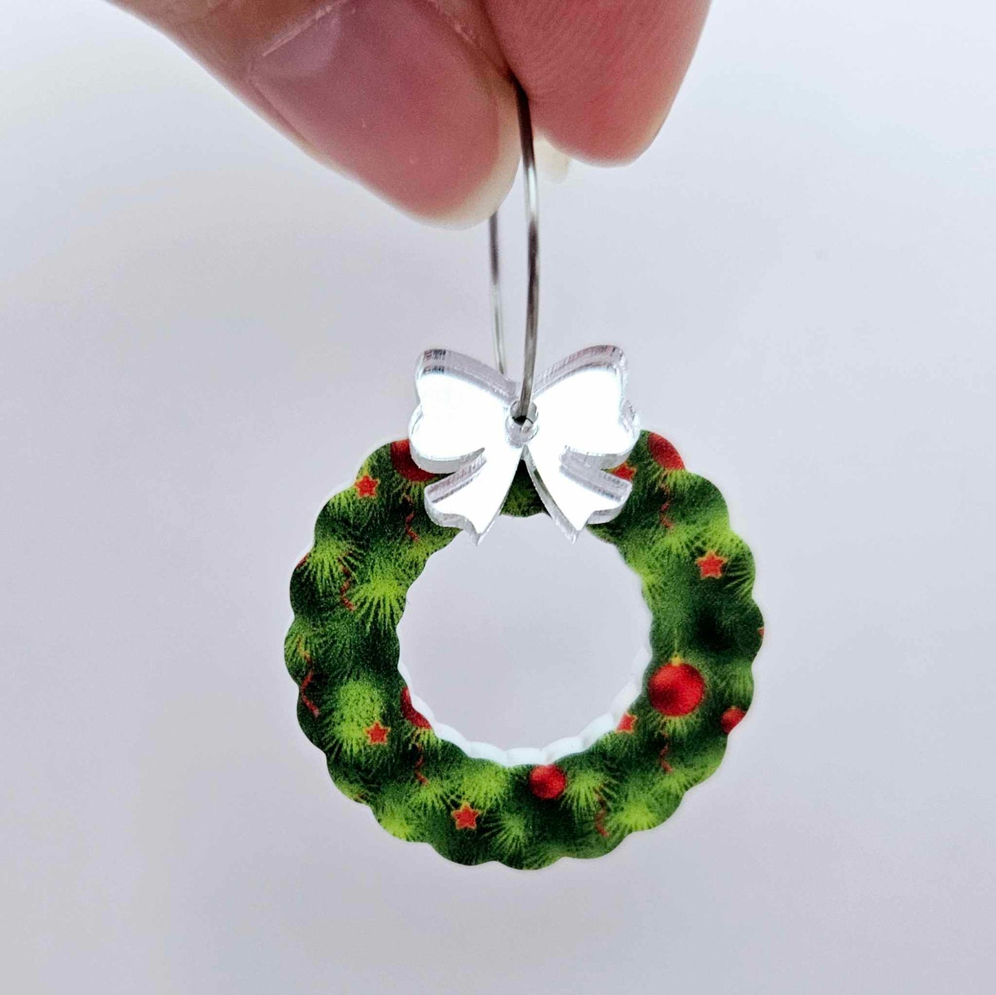 green UV print red baubles wreath Christmas Xmas bows DIY earring supplies laser cut acrylic dangles blanks engraved paint filled baubles layered hoops