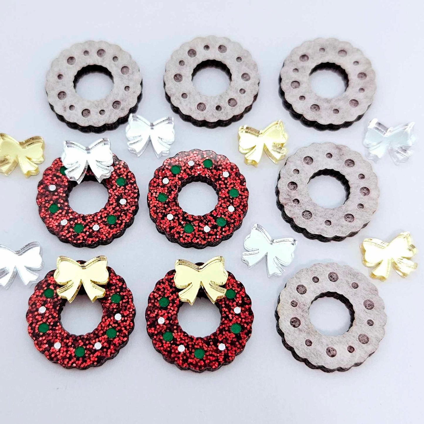 red glitter wreath Christmas Xmas silver mirror bows DIY earring supplies laser cut acrylic studs blanks engraved paint filled baubles statement