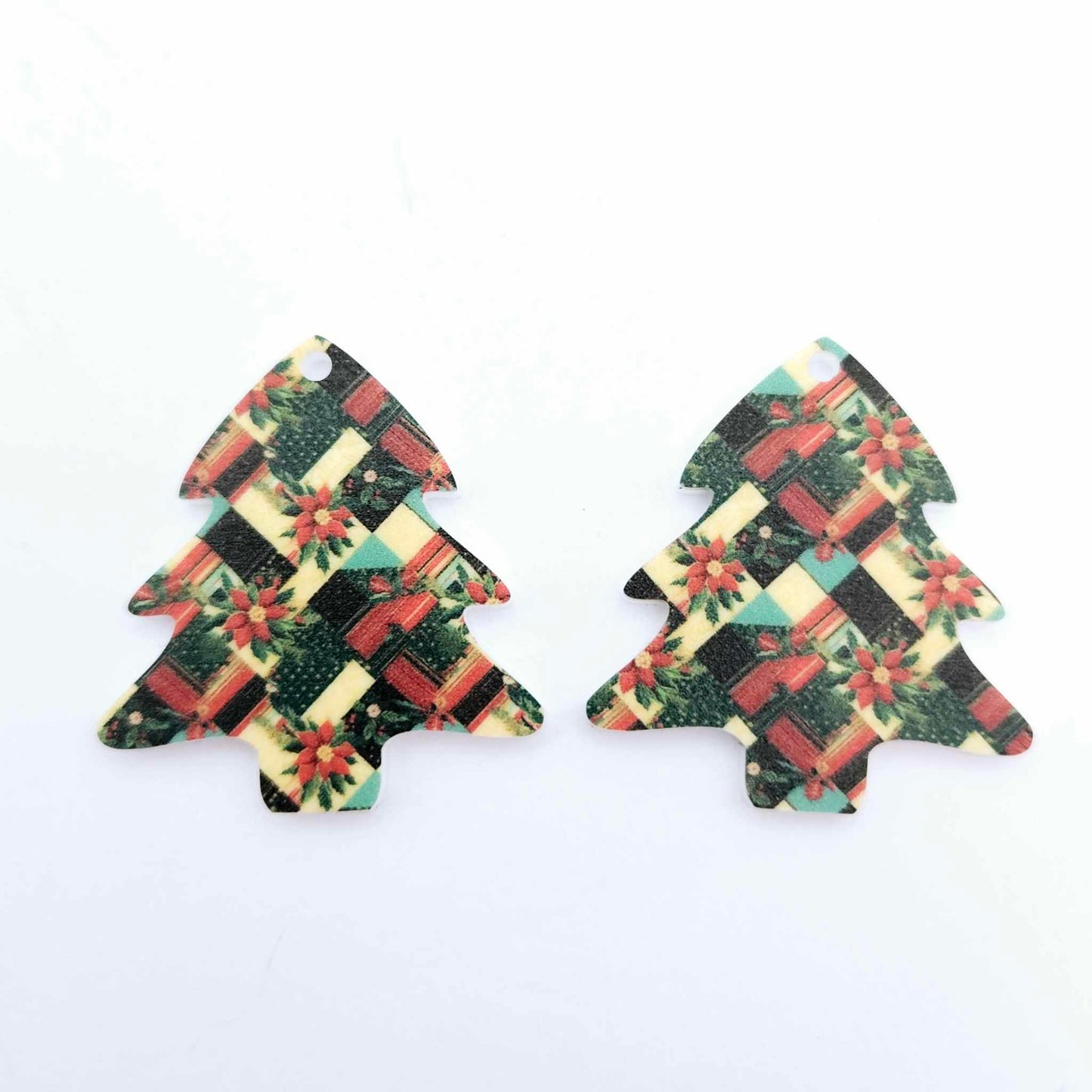 Christmas patchwork red green gold poinsettias UV print Xmas tree DIY earring supplies laser cut acrylic dangles blanks