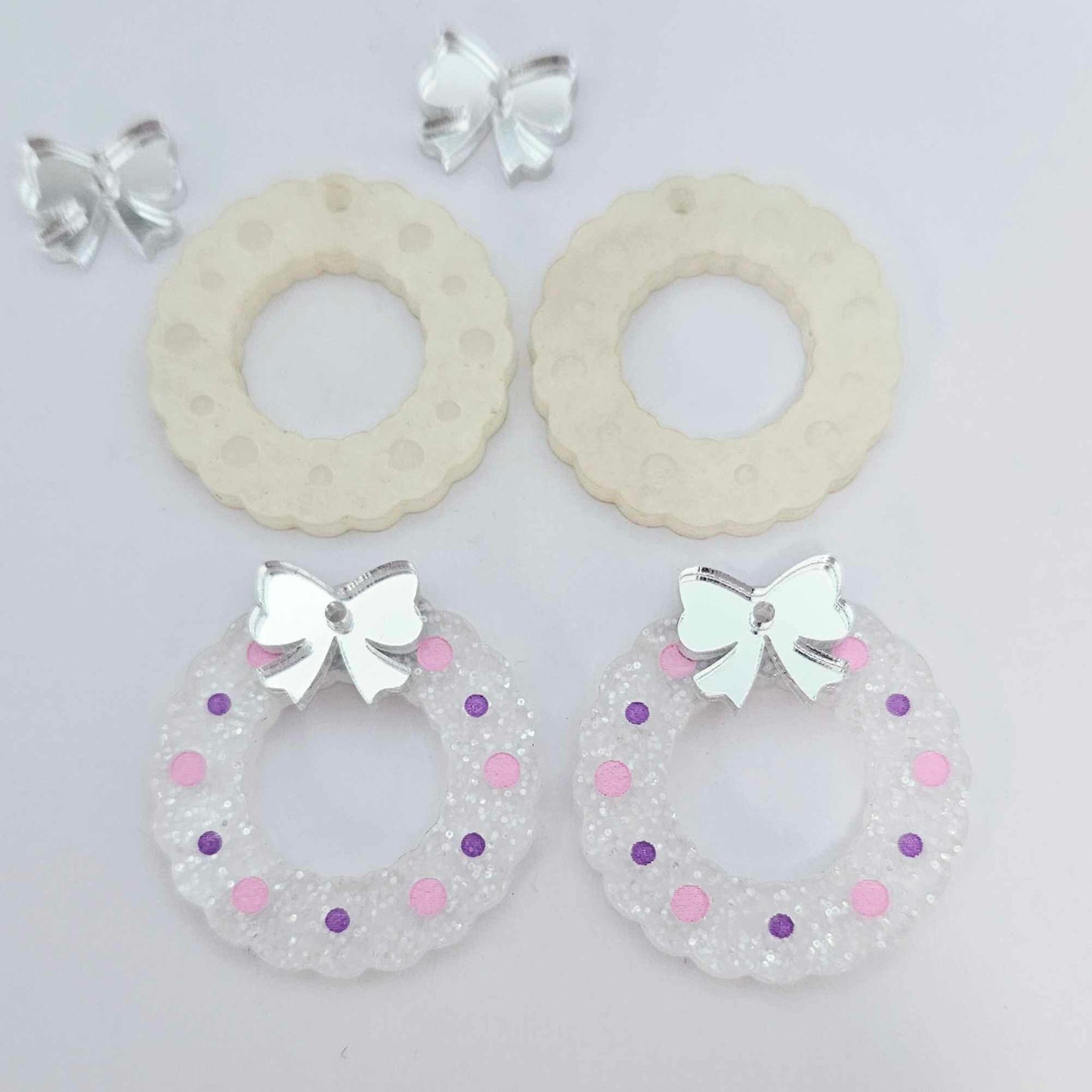 fairy dust clear silver glitter wreath Christmas Xmas bows DIY earring supplies laser cut acrylic dangles blanks engraved paint filled baubles layered hoops