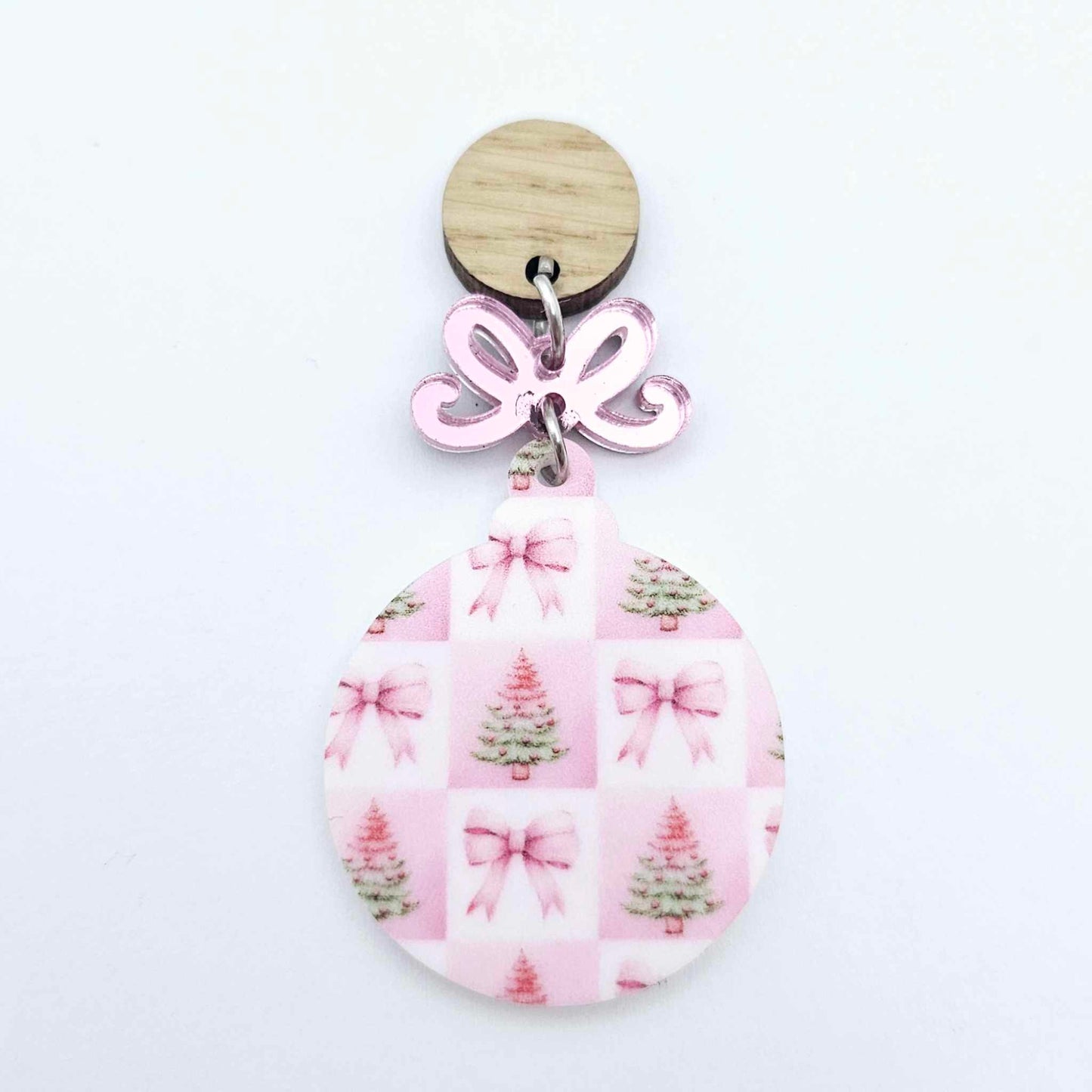 pink patchwork bows trees UV print baubles Christmas Xmas tree DIY earring supplies laser cut acrylic dangles blanks