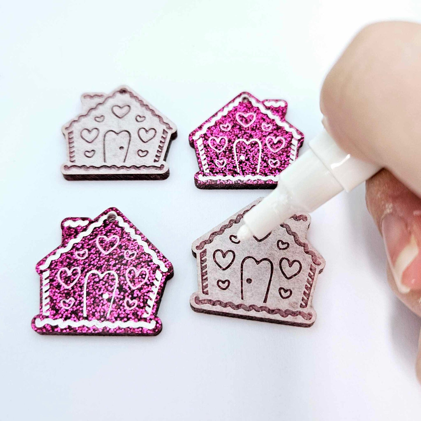 hot pink glitter gingerbread houses Christmas Xmas DIY earring supplies laser cut acrylic dangles blanks engraved paint fill icing frosting