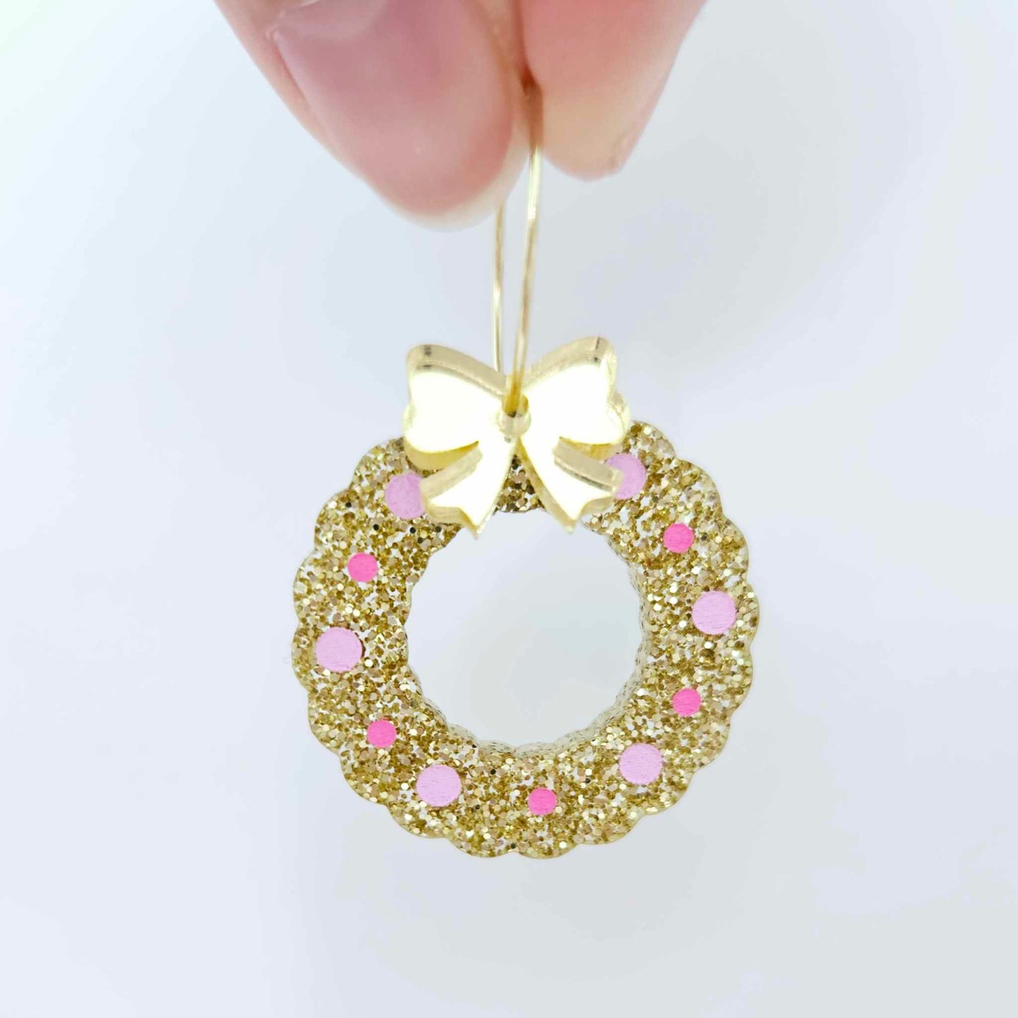 gold glitter wreath Christmas Xmas bows DIY earring supplies laser cut acrylic dangles blanks engraved paint filled baubles layered hoops