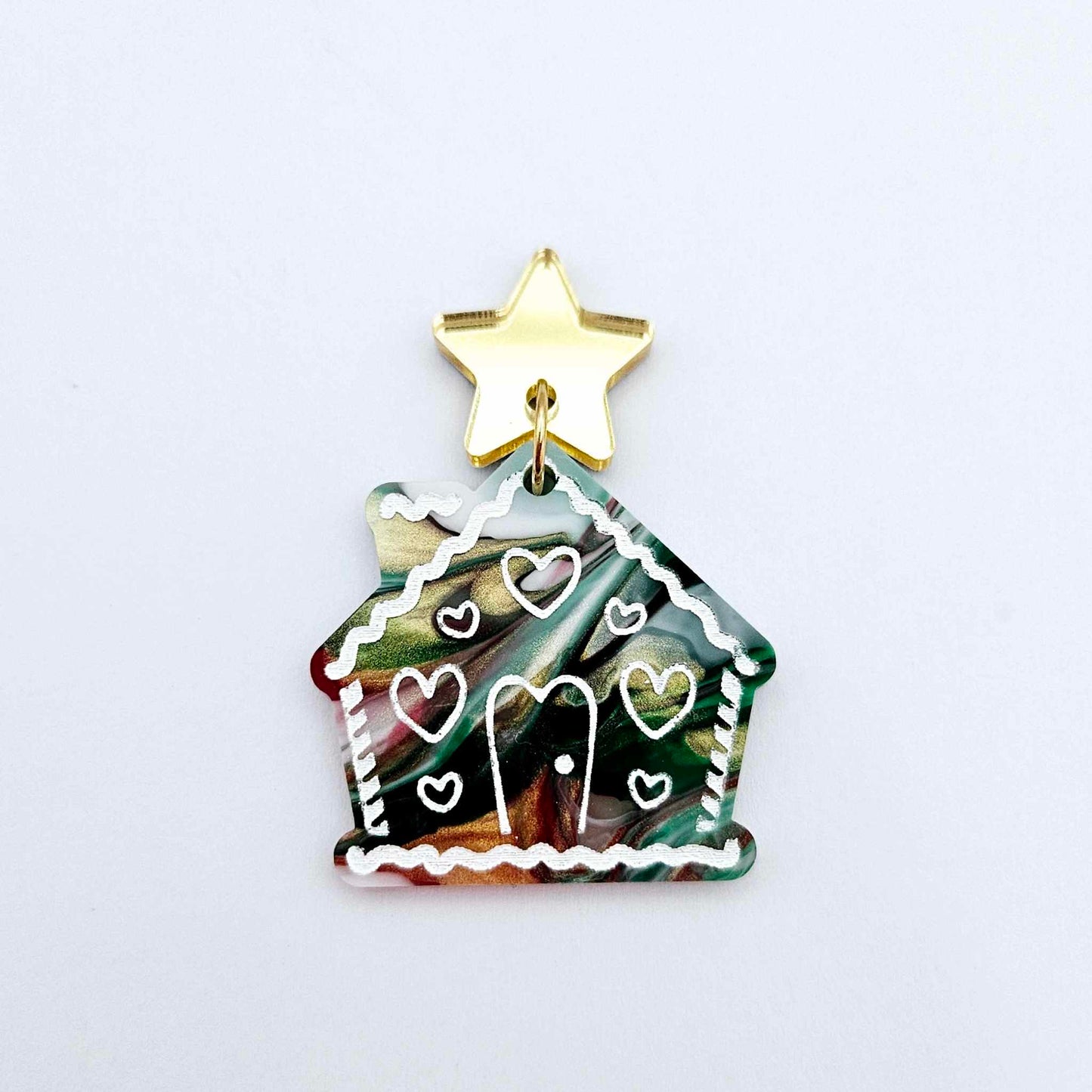 red green white gold shimmer swirl marble gingerbread houses Christmas Xmas DIY earring supplies laser cut acrylic dangles blanks engraved paint fill icing frosting