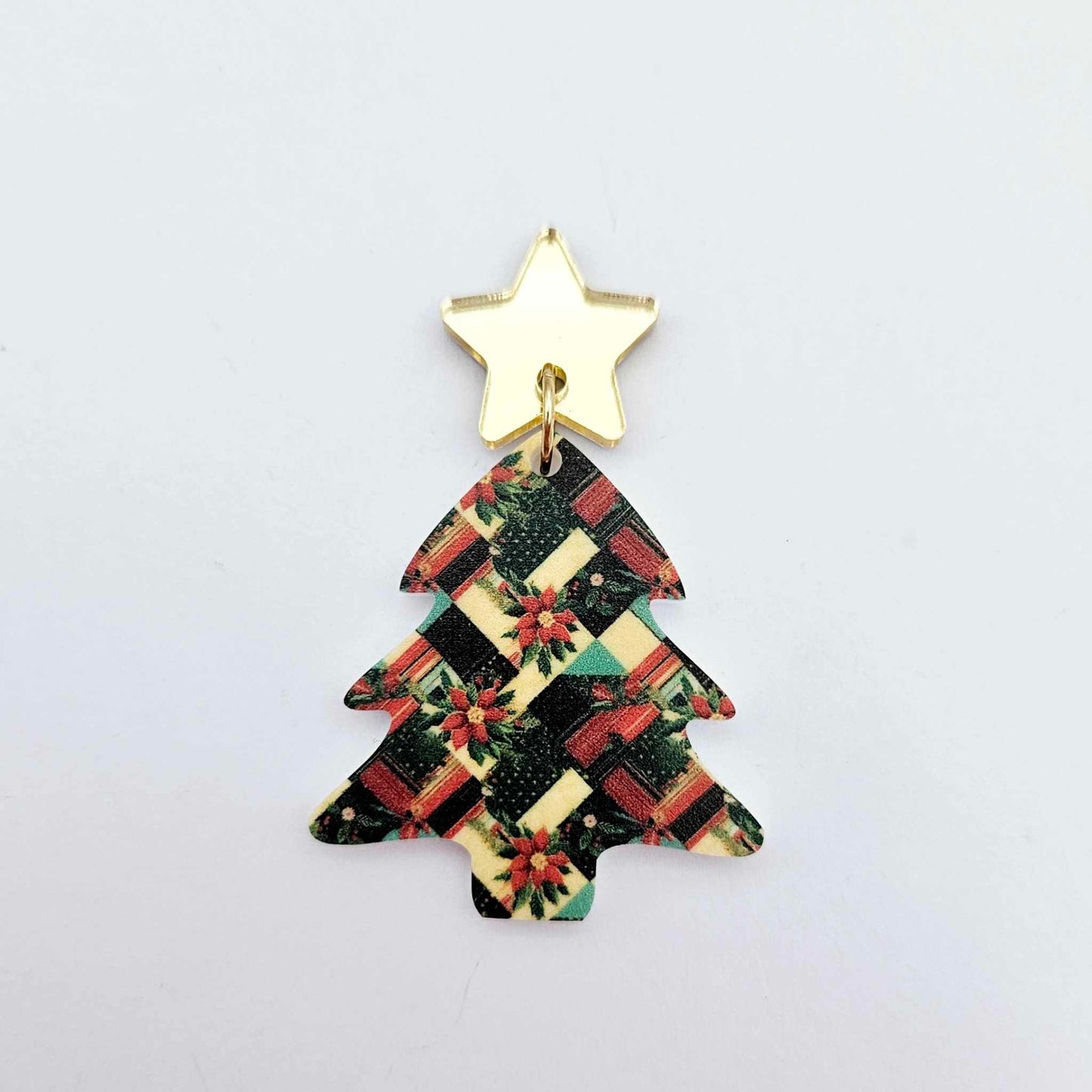 Christmas patchwork red green gold poinsettias UV print Xmas tree DIY earring supplies laser cut acrylic dangles blanks