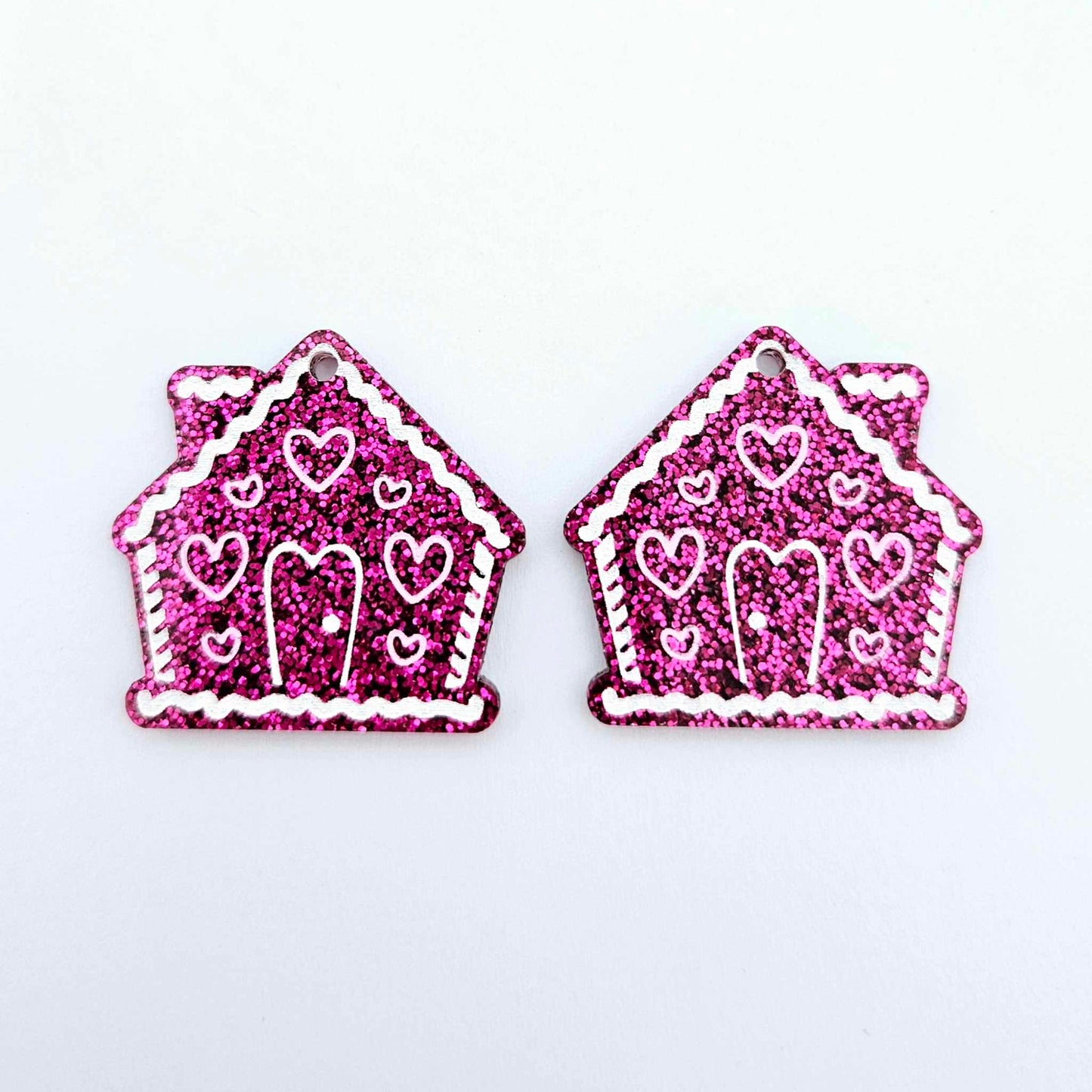 hot pink glitter gingerbread houses Christmas Xmas DIY earring supplies laser cut acrylic dangles blanks engraved paint fill icing frosting
