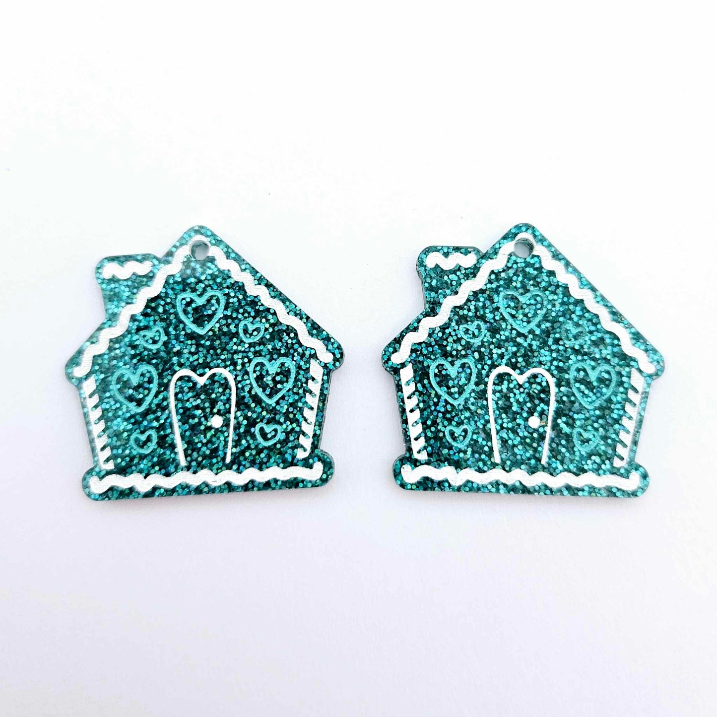 teal glitter gingerbread houses Christmas Xmas DIY earring supplies laser cut acrylic dangles blanks engraved paint fill icing frosting