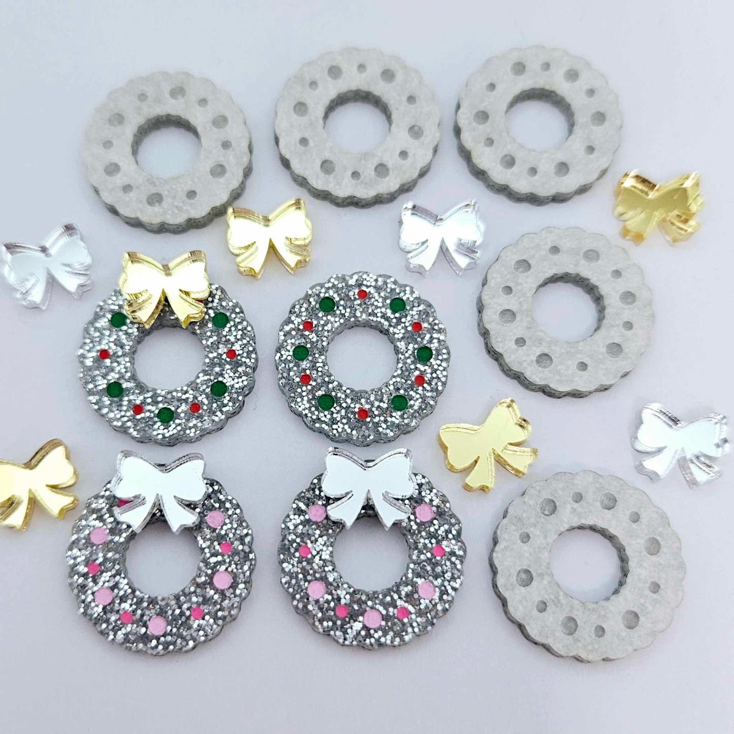 silver glitter wreath Christmas Xmas silver mirror bows DIY earring supplies laser cut acrylic studs blanks engraved paint filled baubles statement