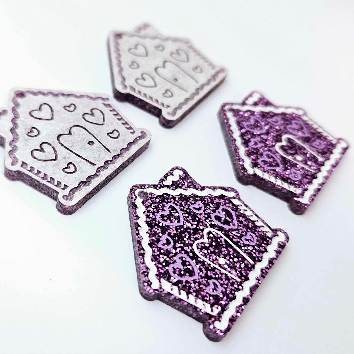 purple glitter gingerbread houses Christmas Xmas DIY earring supplies laser cut acrylic dangles blanks engraved paint fill icing frosting