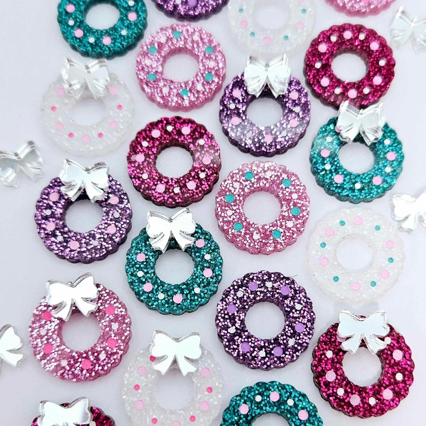 hot pink teal purple fairy dust silver clear glitter wreath Christmas Xmas silver mirror bows DIY earring supplies laser cut acrylic studs blanks engraved paint filled baubles statement mixed pack
