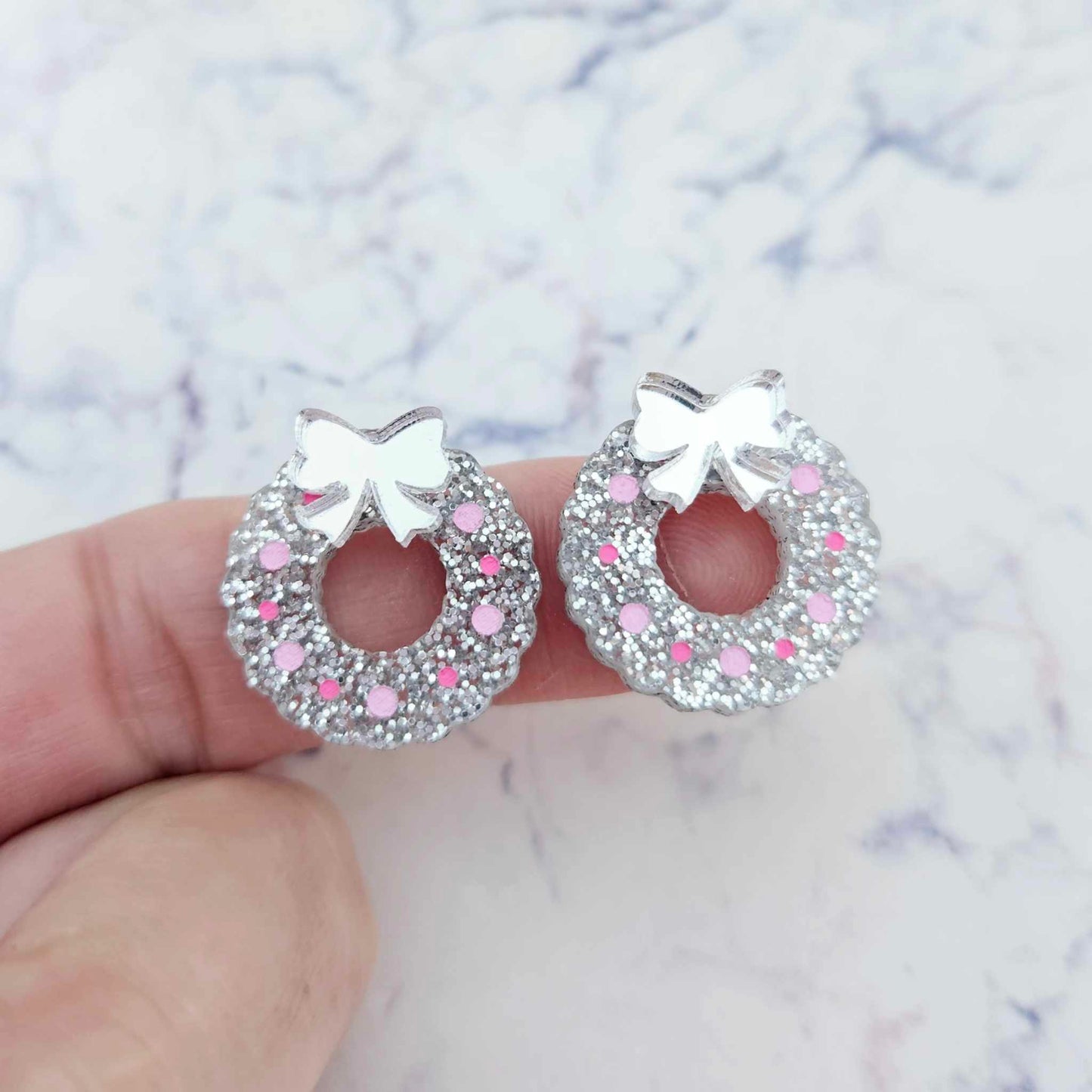 silver glitter wreath Christmas Xmas silver mirror bows DIY earring supplies laser cut acrylic studs blanks engraved paint filled baubles statement