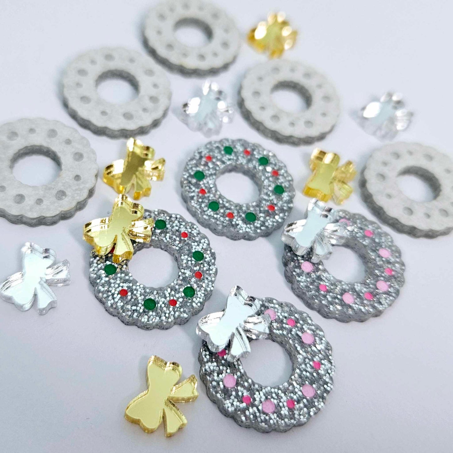 silver glitter wreath Christmas Xmas silver mirror bows DIY earring supplies laser cut acrylic studs blanks engraved paint filled baubles statement