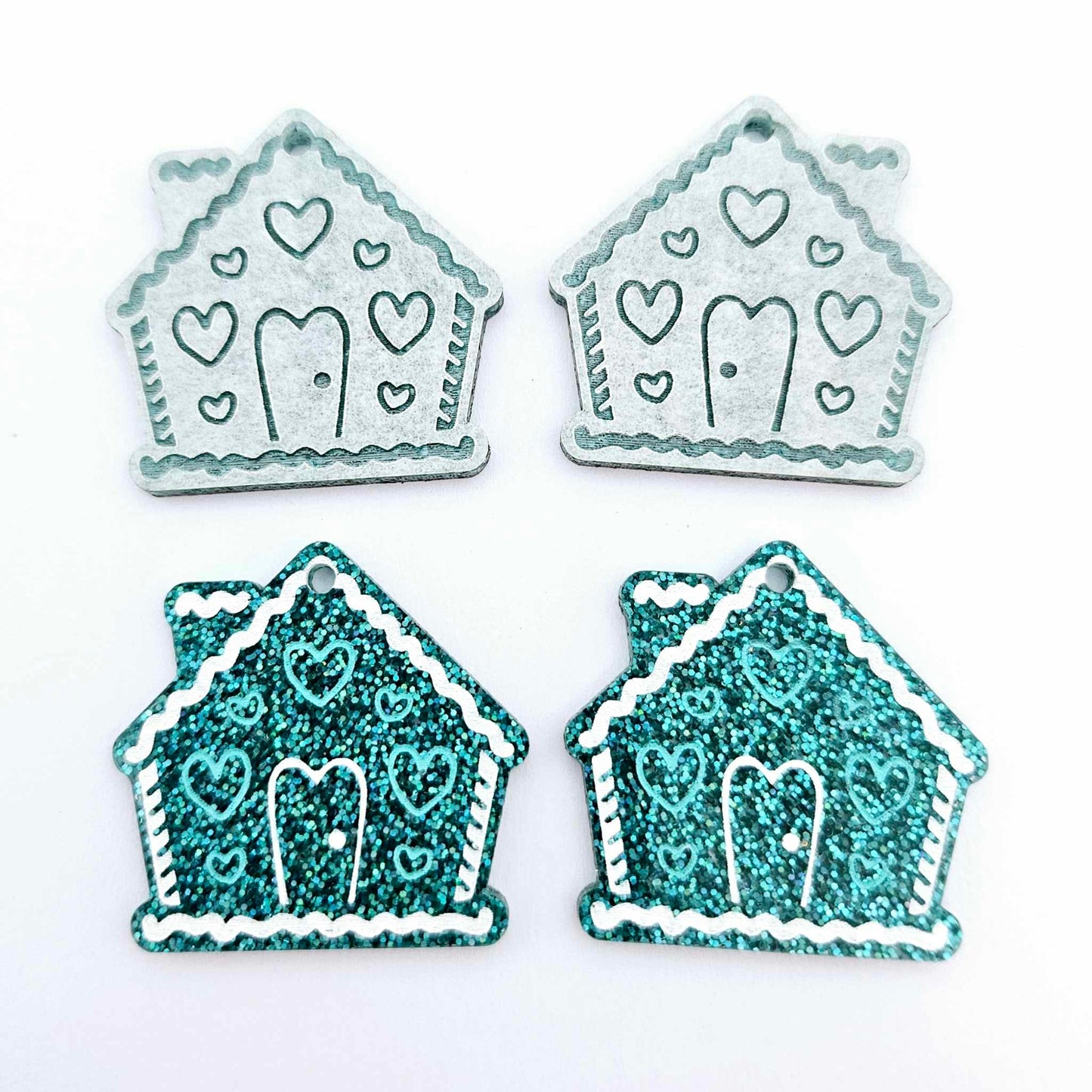teal glitter gingerbread houses Christmas Xmas DIY earring supplies laser cut acrylic dangles blanks engraved paint fill icing frosting