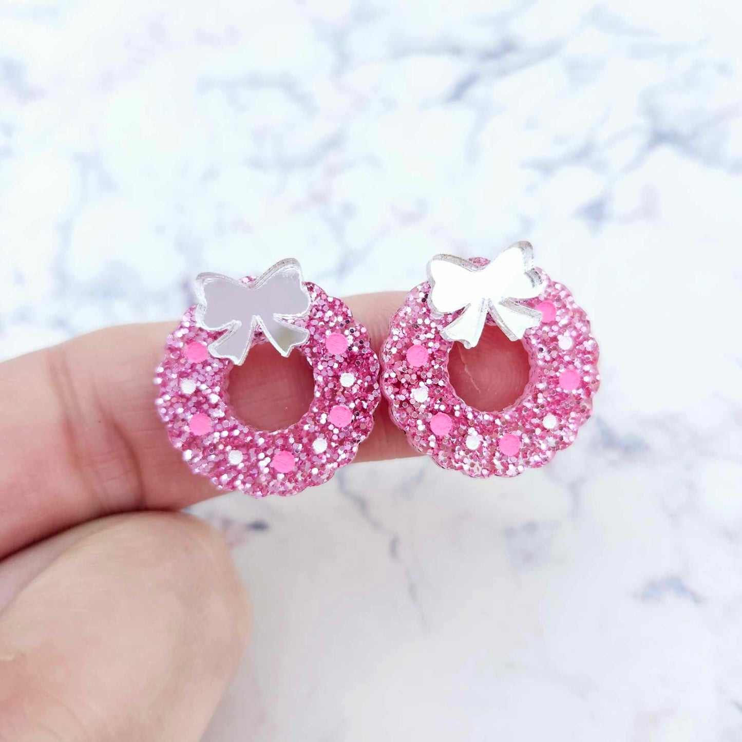 pink glitter wreath Christmas Xmas silver mirror bows DIY earring supplies laser cut acrylic studs blanks engraved paint filled baubles statement