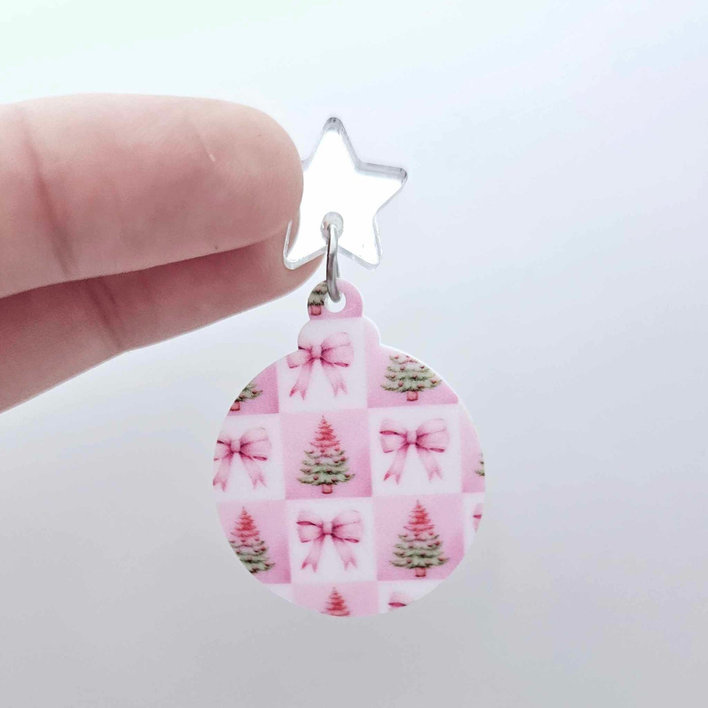 pink patchwork bows trees UV print baubles Christmas Xmas tree DIY earring supplies laser cut acrylic dangles blanks