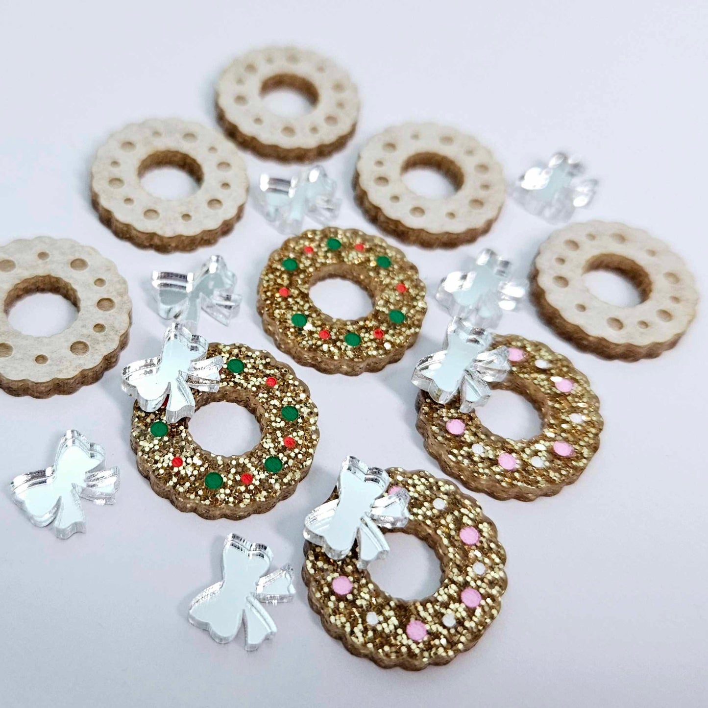 rose gold glitter wreath Christmas Xmas silver mirror bows DIY earring supplies laser cut acrylic studs blanks engraved paint filled baubles statement