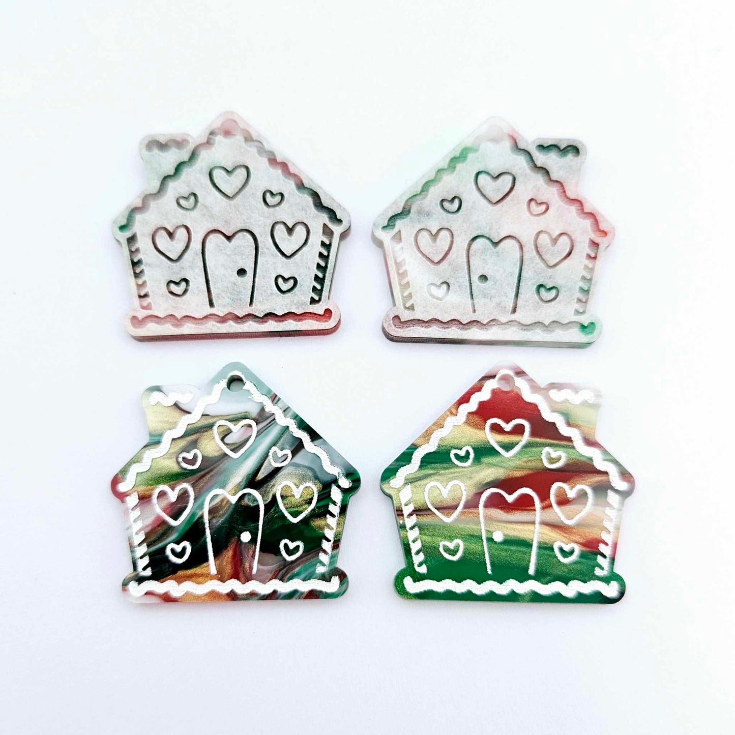 red green white gold shimmer swirl marble gingerbread houses Christmas Xmas DIY earring supplies laser cut acrylic dangles blanks engraved paint fill icing frosting