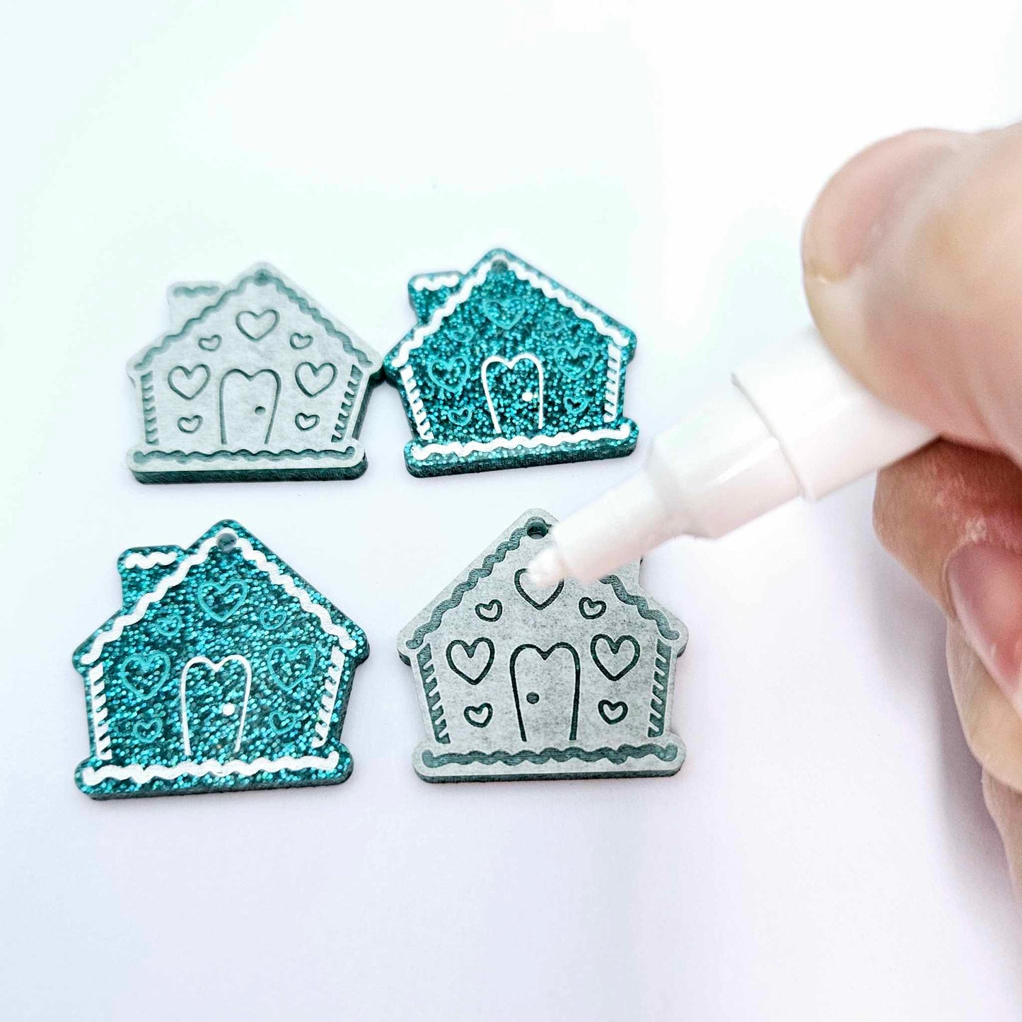 teal glitter gingerbread houses Christmas Xmas DIY earring supplies laser cut acrylic dangles blanks engraved paint fill icing frosting