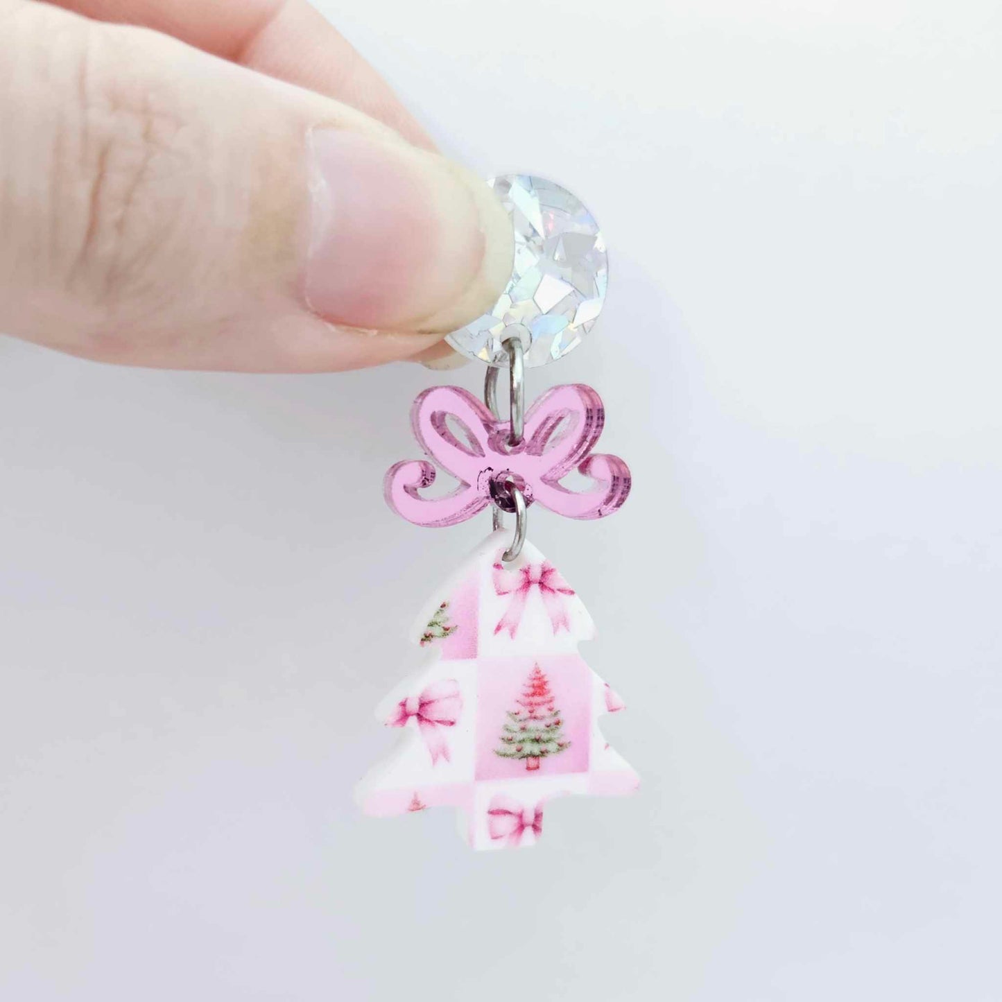 pink trees bows patchwork UV print mini petite DIY earring supplies laser cut acrylic blanks