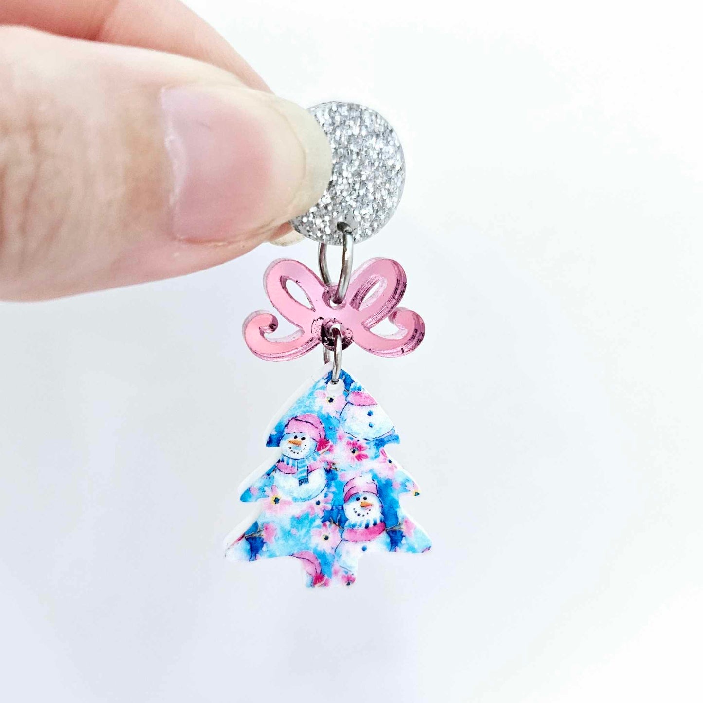 25mm pink blue winter snowman wonderland UV print Christmas Xmas mini tree DIY earring supplies laser cut acrylic dangles blanks