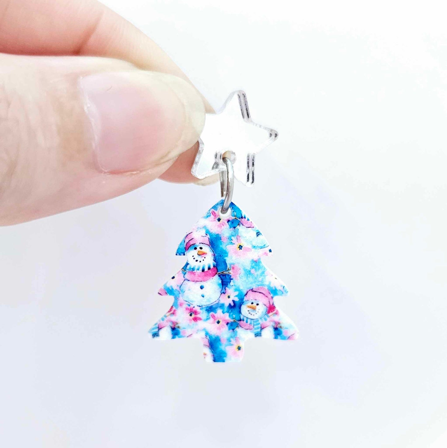 25mm pink blue winter snowman wonderland UV print Christmas Xmas mini tree DIY earring supplies laser cut acrylic dangles blanks