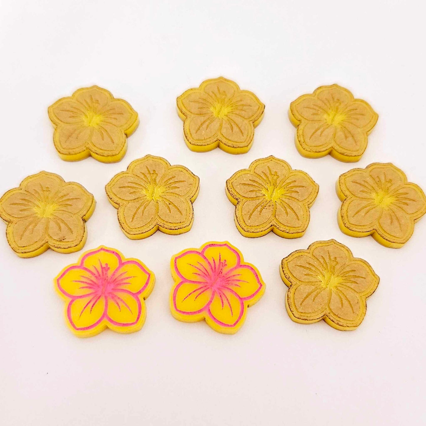 20mm yellow acrylic hibiscus flower DIY earring supplies laser cut studs earring blanks engraved paint fill summer island vibes