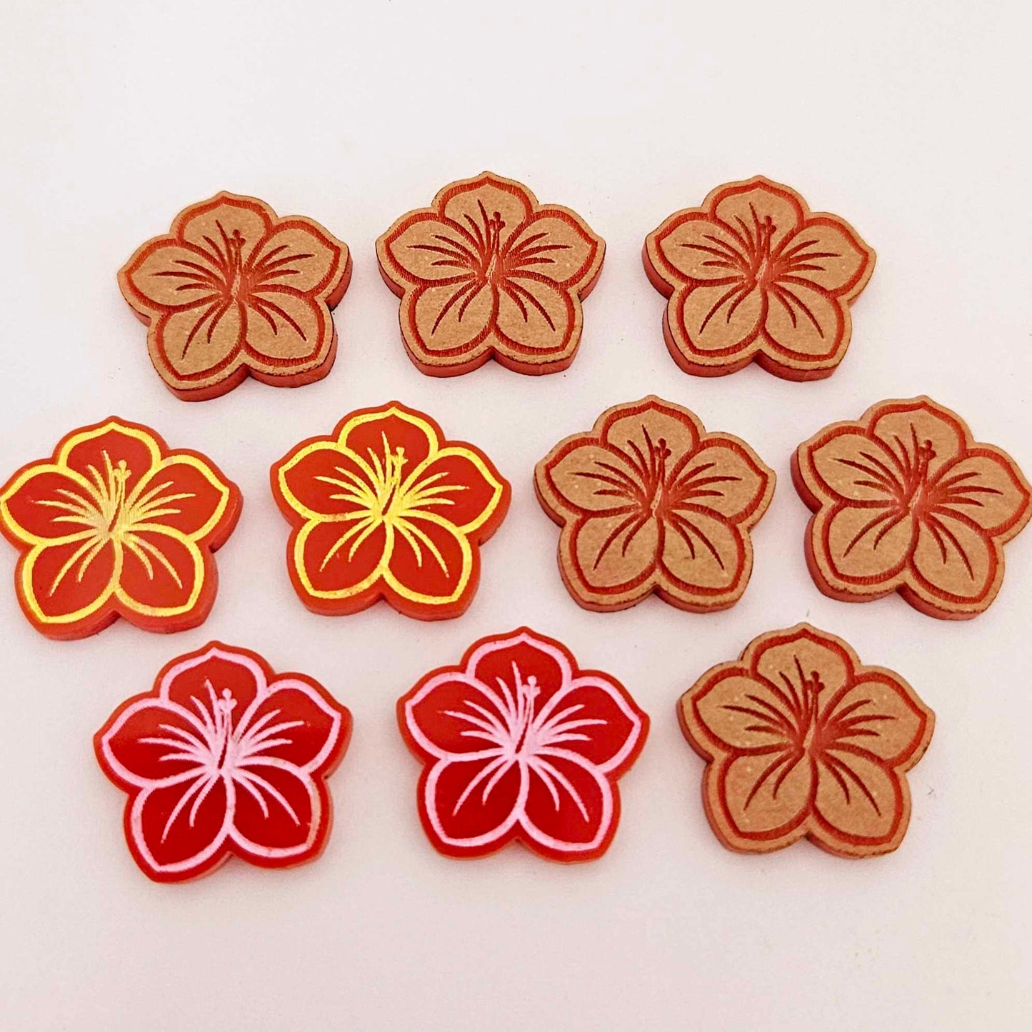 20mm red acrylic hibiscus flower DIY earring supplies laser cut studs earring blanks engraved paint fill summer island vibes