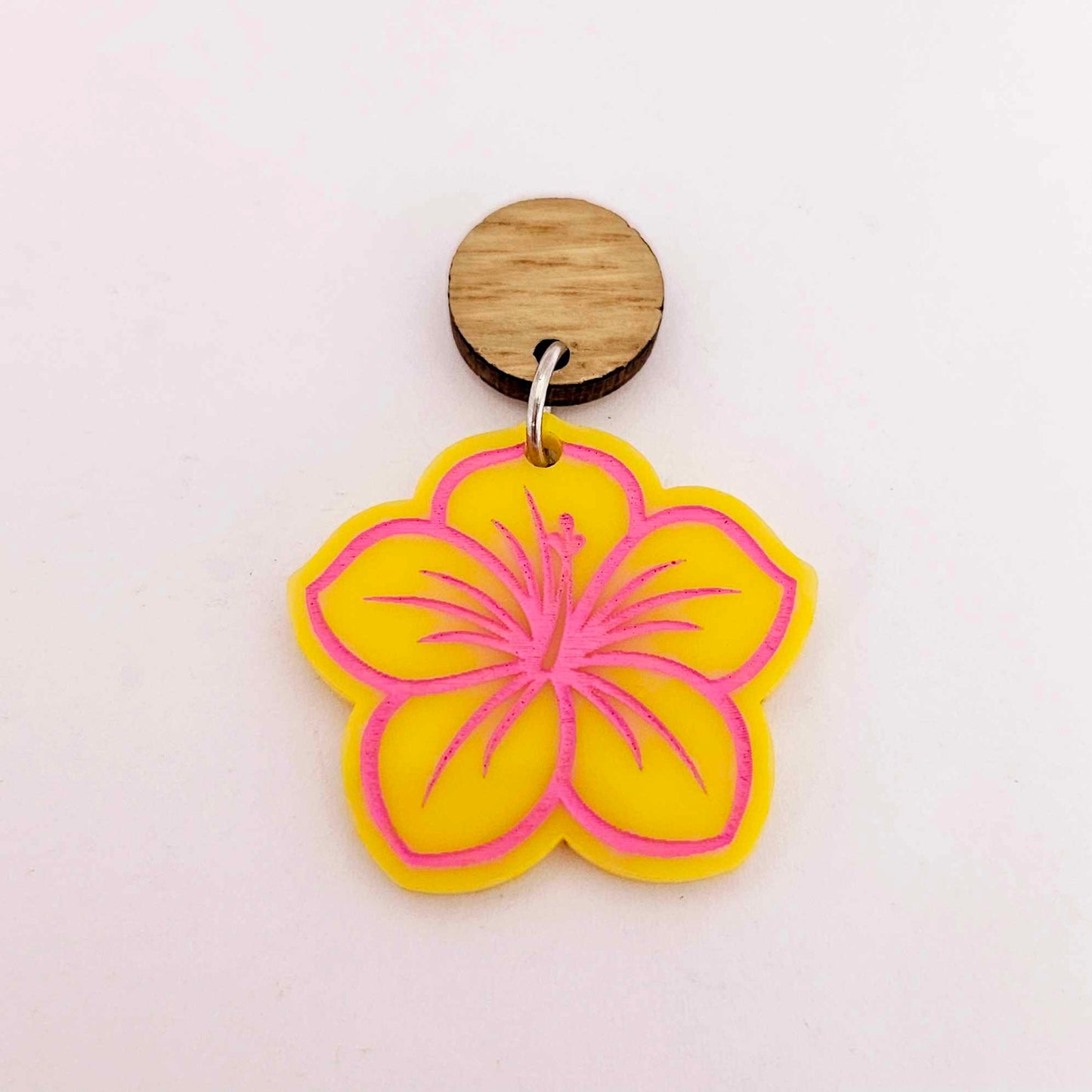 32mm yellow acrylic hibiscus flower DIY earring supplies laser cut dangles earring blanks engraved paint fill summer island vibes
