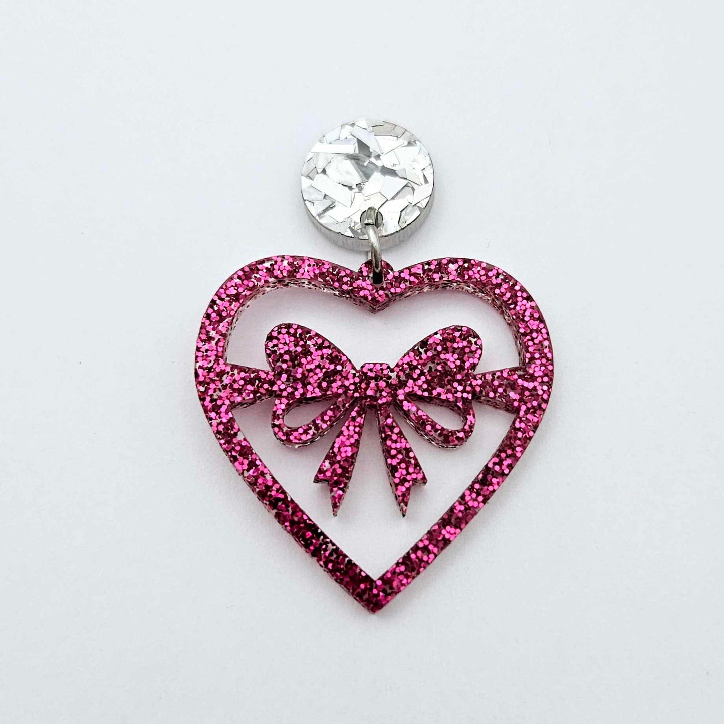 35mm hot pink glitter heart bows DIY earring supplies laser cut acrylic dangles blanks Valentine's Day