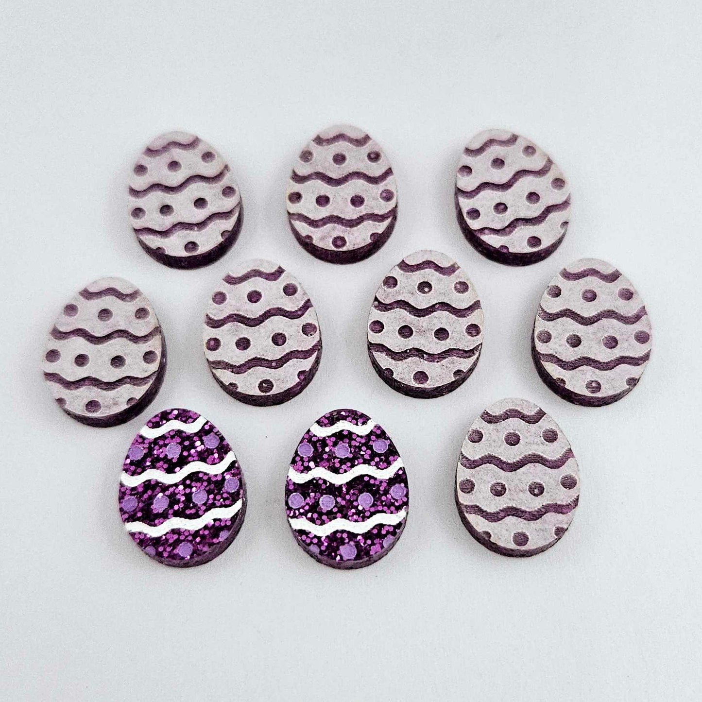 16mm purple glitter acrylic Easter egg stud blanks with engraved pattern and paint fill