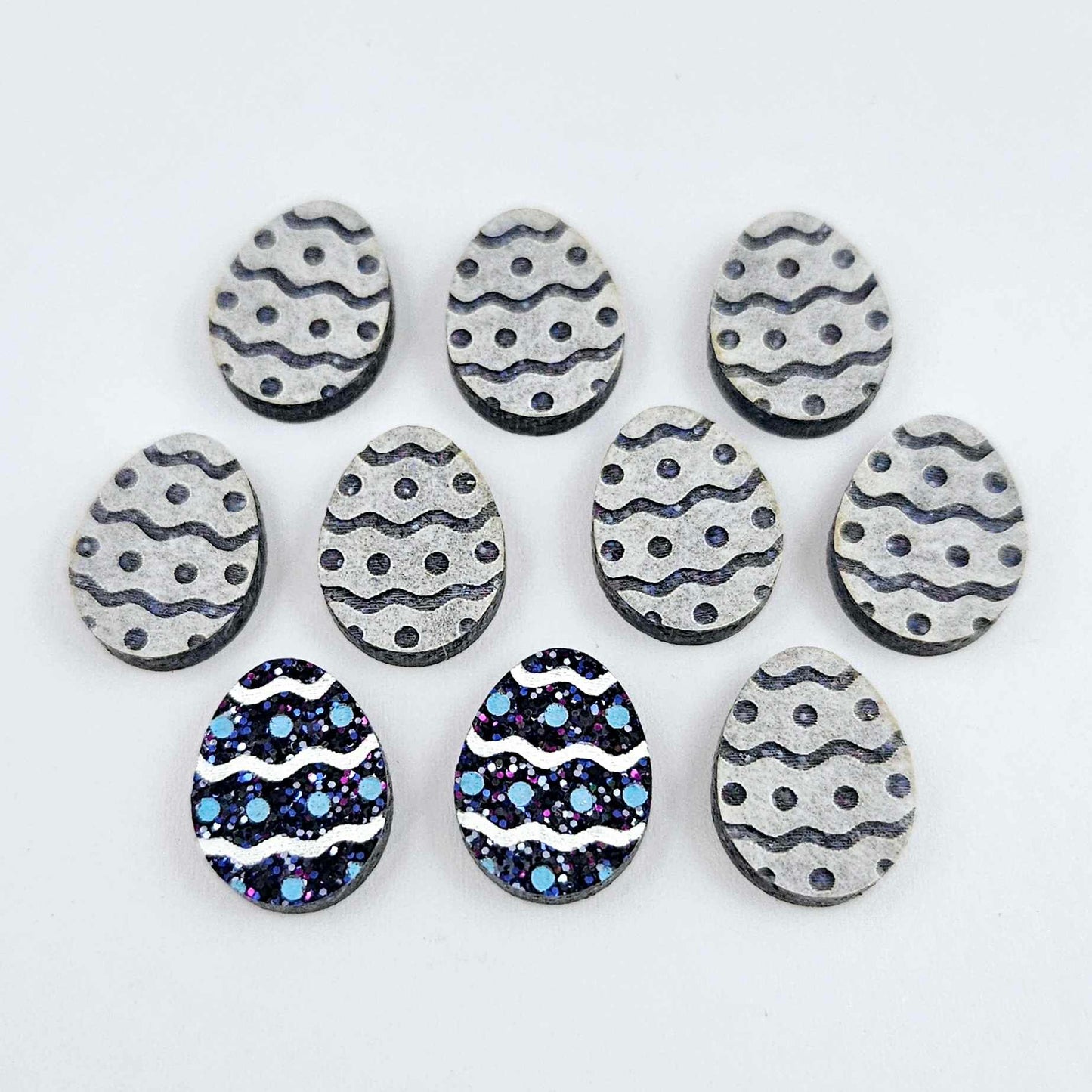 16mm holographic blue glitter acrylic Easter egg stud blanks with engraved pattern and paint fill