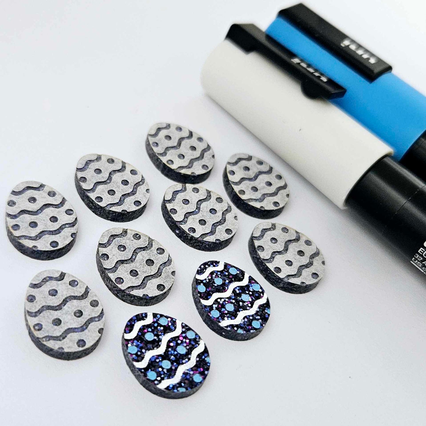 16mm holographic blue glitter acrylic Easter egg stud blanks with engraved pattern and paint fill