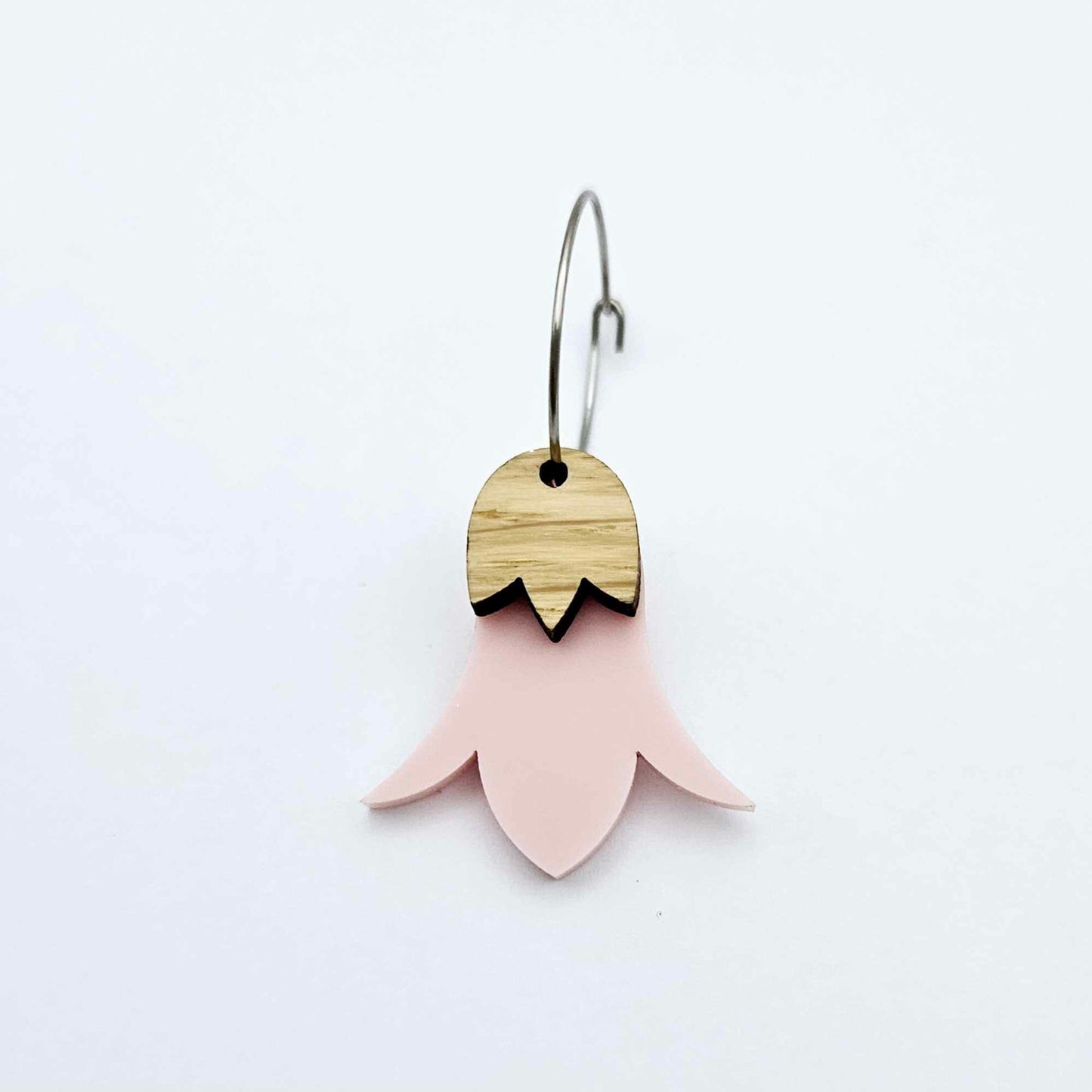 12mm oak veneer wood tulip shape earring blanks toppers shown with one of our dusty pale pink nodding flower acrylic earring blanks on a 20mm hoop