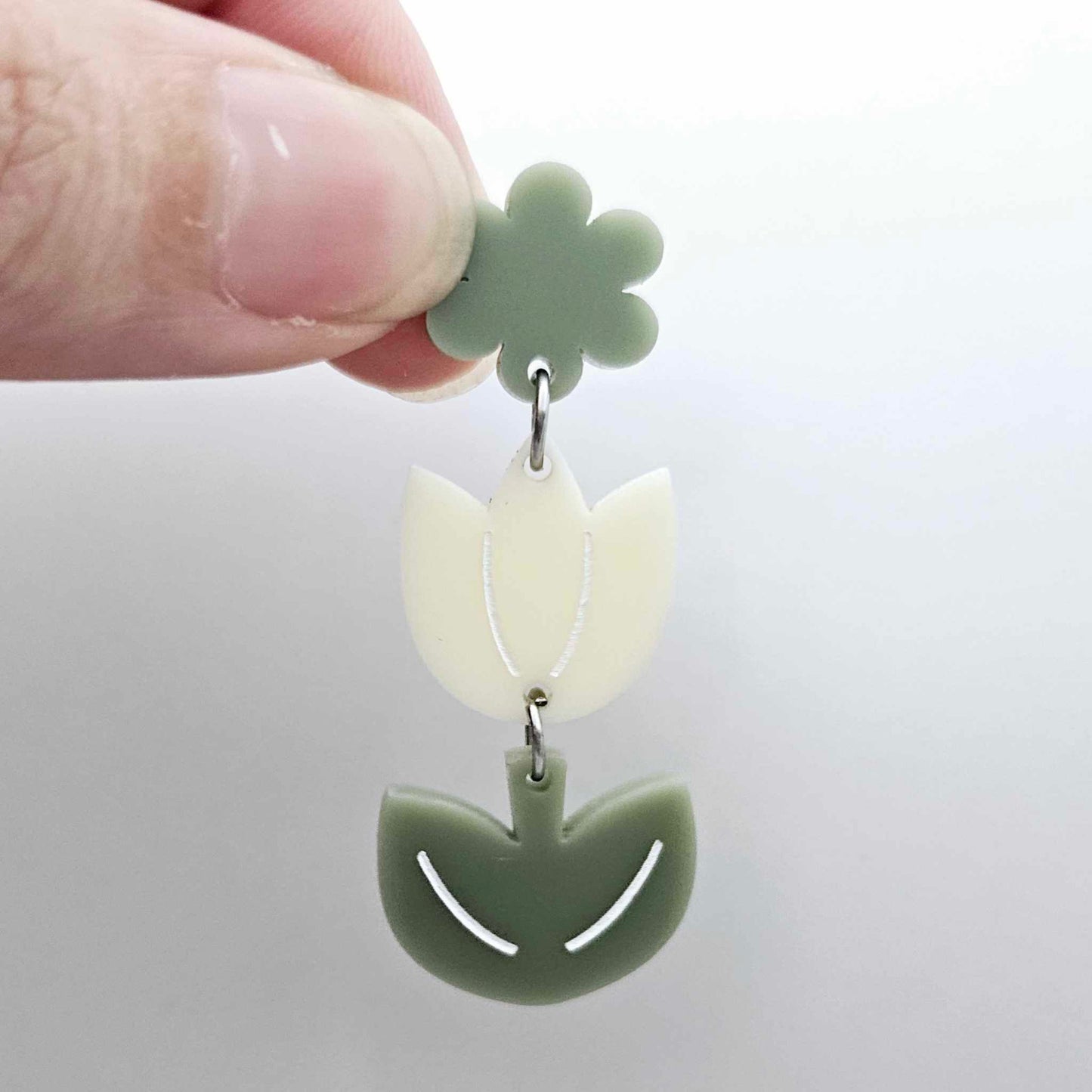 Cream and Olive Green acrylic tulip shape earring blanks shown with an olive green flower toppers