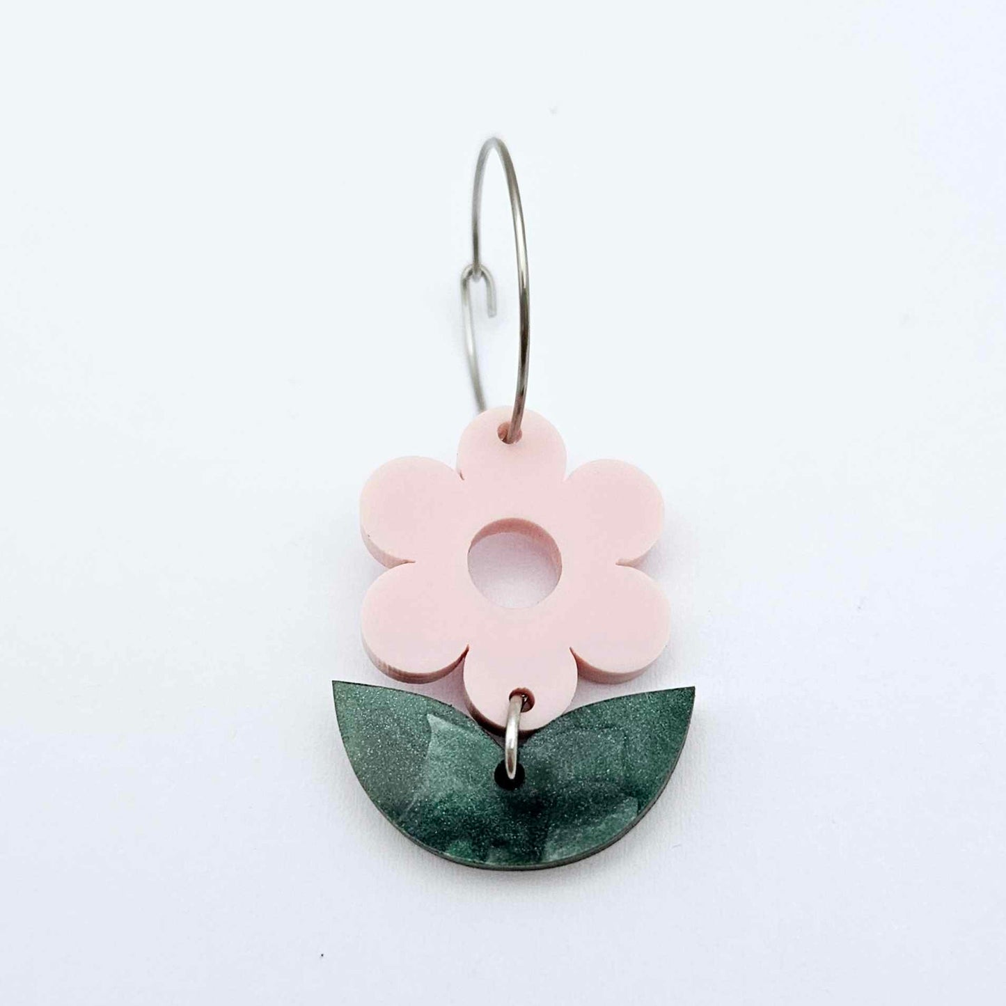 Strawberry Milkshake Pink flower and green mineral acrylic leafy dangle assembled on 20mm hoops, petite two-piece floral earring design