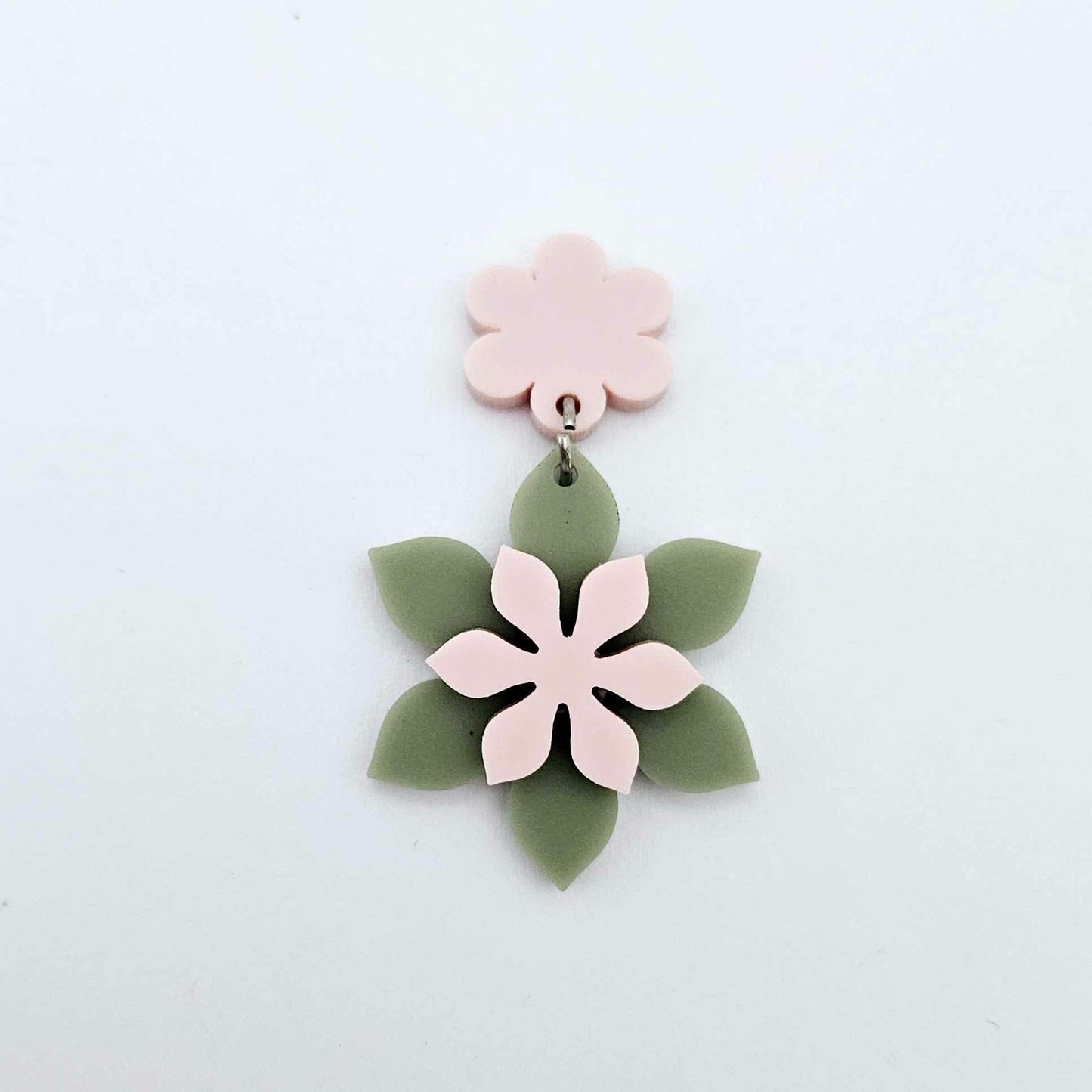 Layered olive green and strawberry milkshake flower dangle assembled and hanging from a strawberry milkshake flower topper, 3D two tone floral design