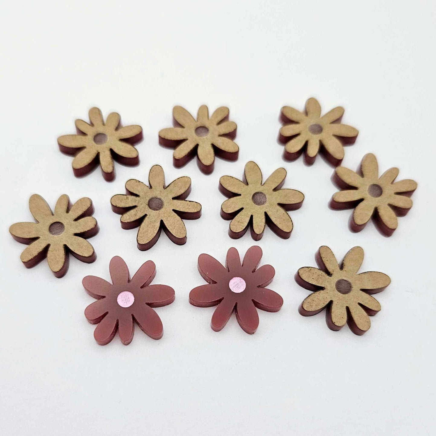 17mm port wine (Maroon) acrylic flower stud blanks with engraved centre detail, one pair paint filled light pink and peeled, with additional pieces shown with protective film on