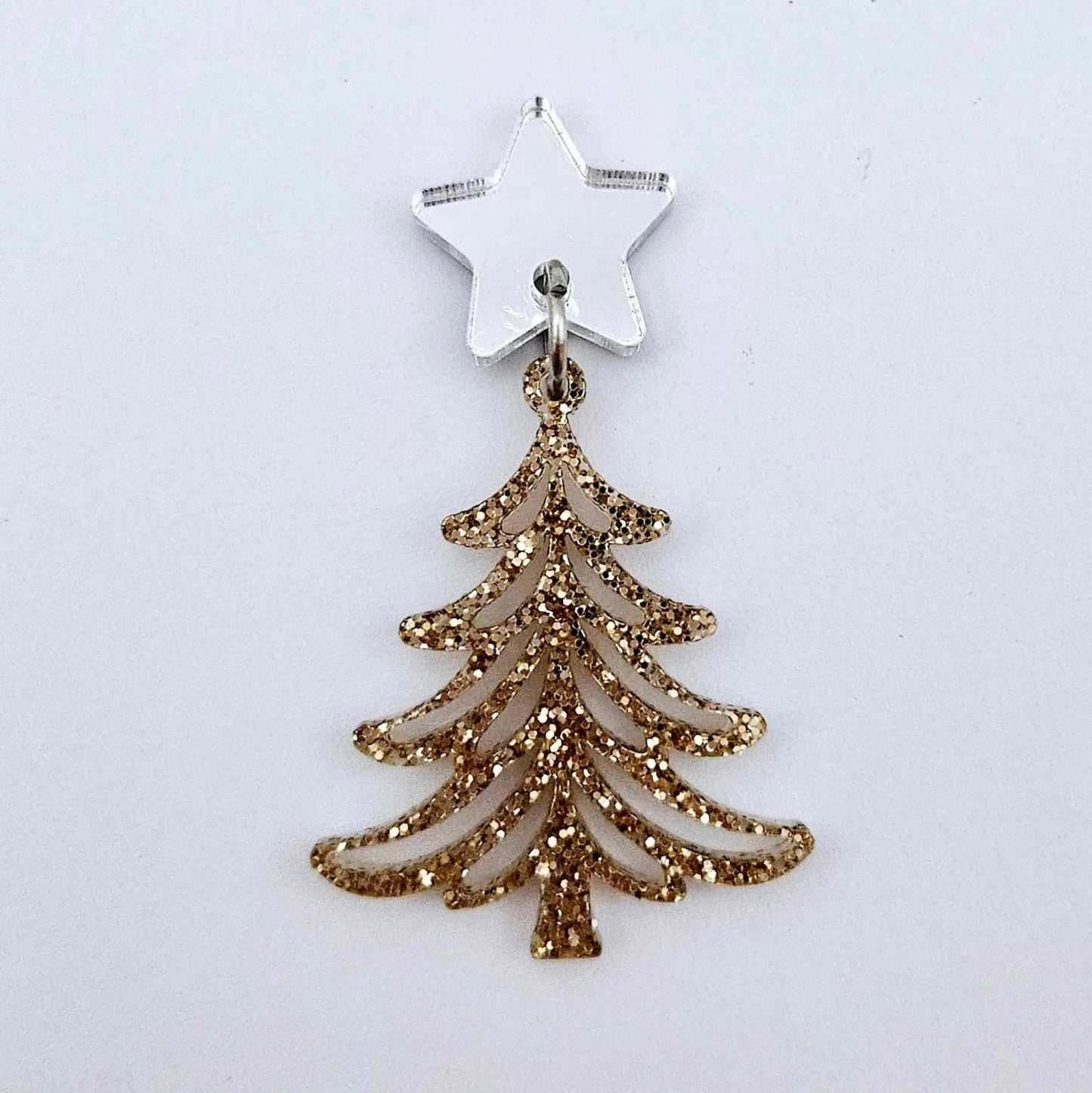 One 35mm rose gold glitter Cascade Christmas Tree dangle earring blank assembled with a 16mm star topper, shown as a finished earring component