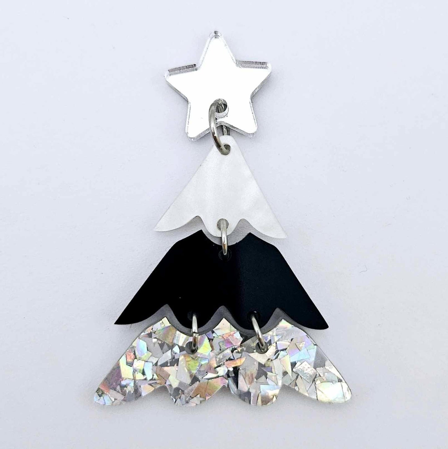 One 40mm three piece Christmas Tree dangle earring blank assembled with 6mm jump rings and a 16mm star topper, shown as a finished earring component