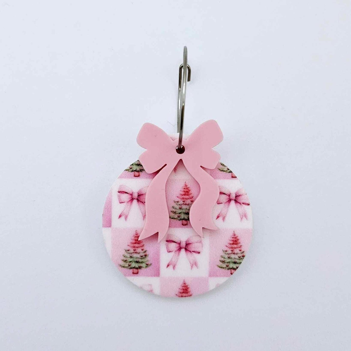 One Pink Patchwork UV printed bauble and included pastel pink bow assembled on a 20mm hoop