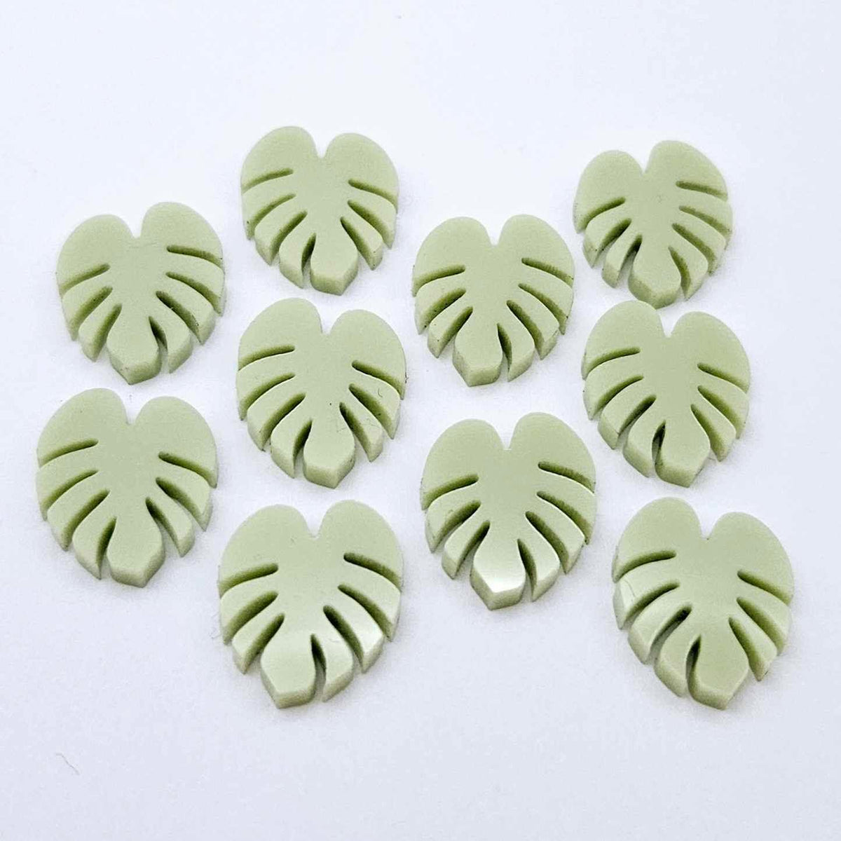 17mm eucalyptus green monstera leaf acrylic stud earring blanks laid flat together.