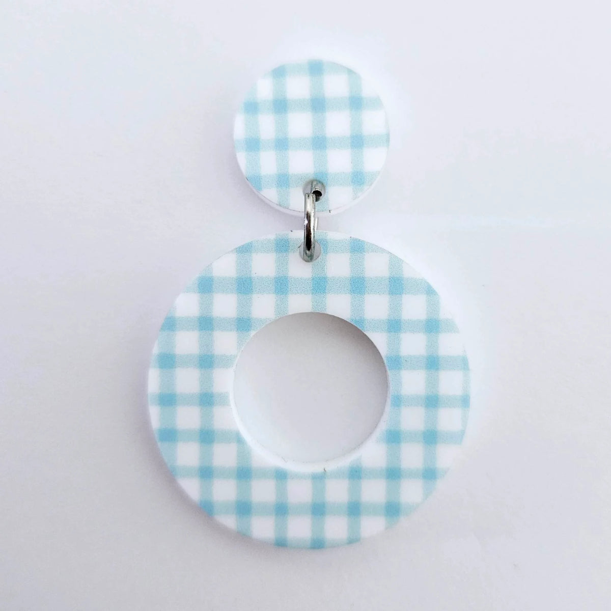 Assembled Gingham Mini Hoop dangle with 16mm toppers, featuring blue UV printed design, shown as finished earring design