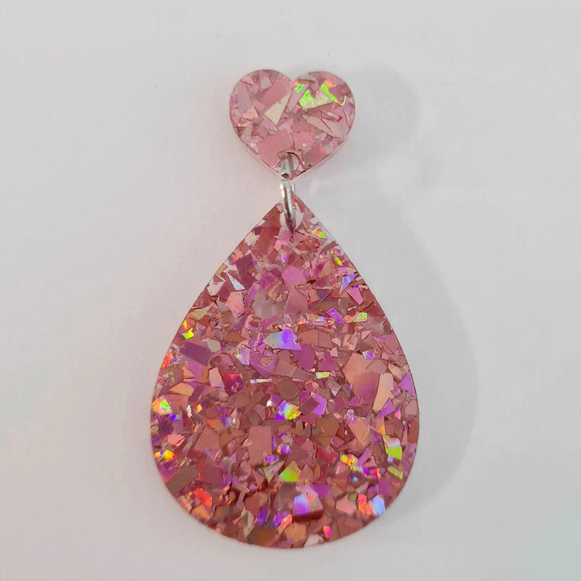 14mm HOLOGRAPHIC ROSE GOLD GLITTER Acrylic HEART Toppers/Studs