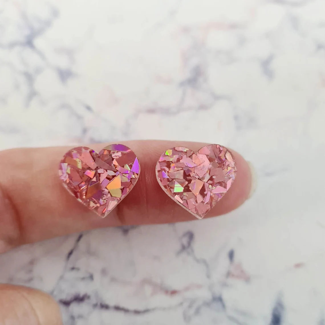 14mm HOLOGRAPHIC ROSE GOLD GLITTER Acrylic HEART Toppers/Studs