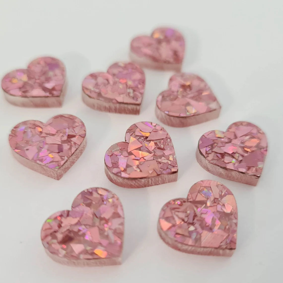 14mm HOLOGRAPHIC ROSE GOLD GLITTER Acrylic HEART Toppers/Studs