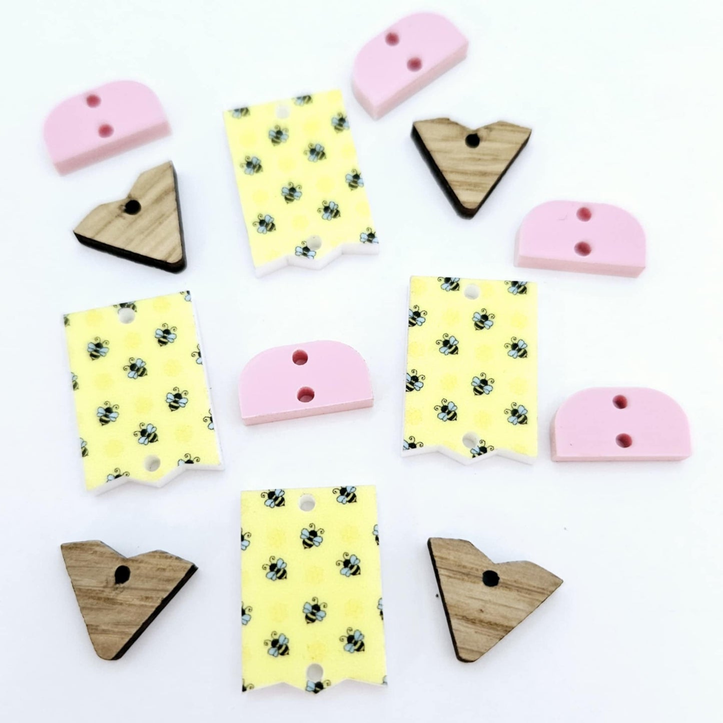 yellow bee UV print pastel pink wood oak pencil teacher DIY earring supplies laser cut acrylic dangles blanks