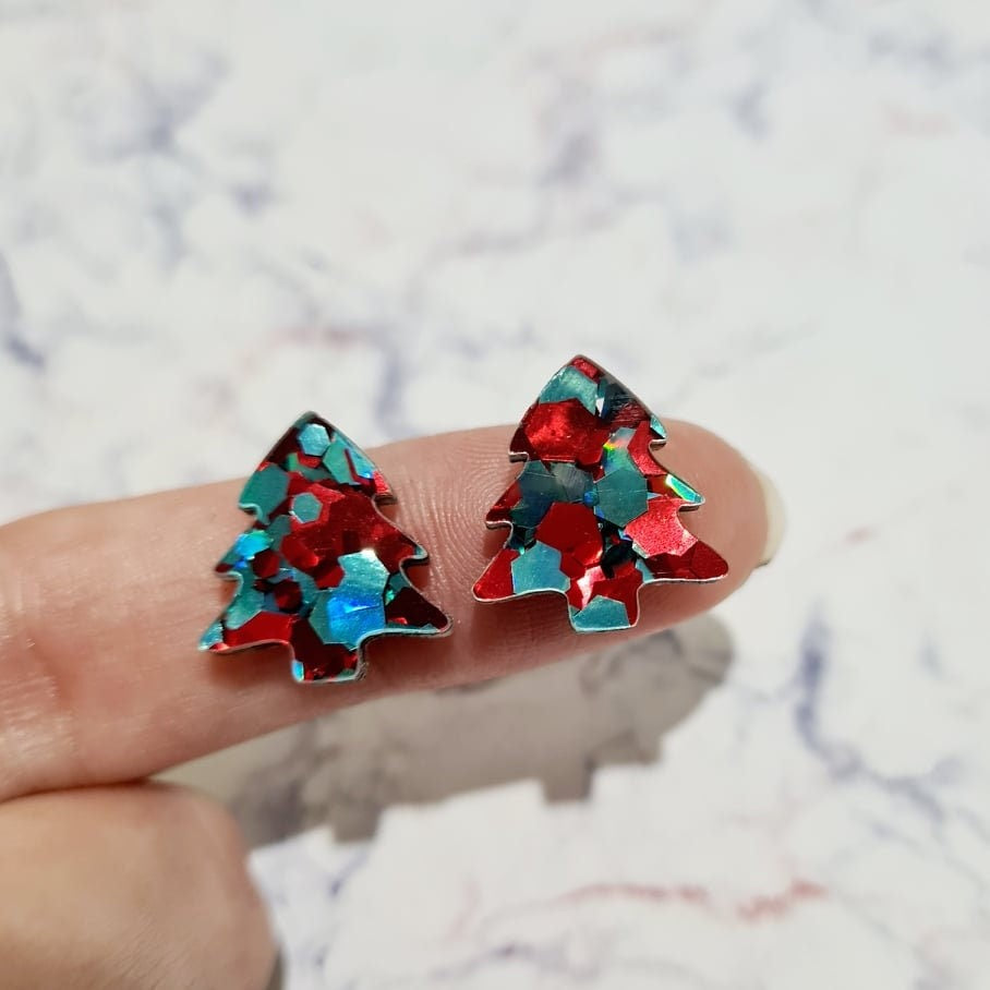 16mm CHUNKY TEAL & RED Glitter CHRISTMAS TREES