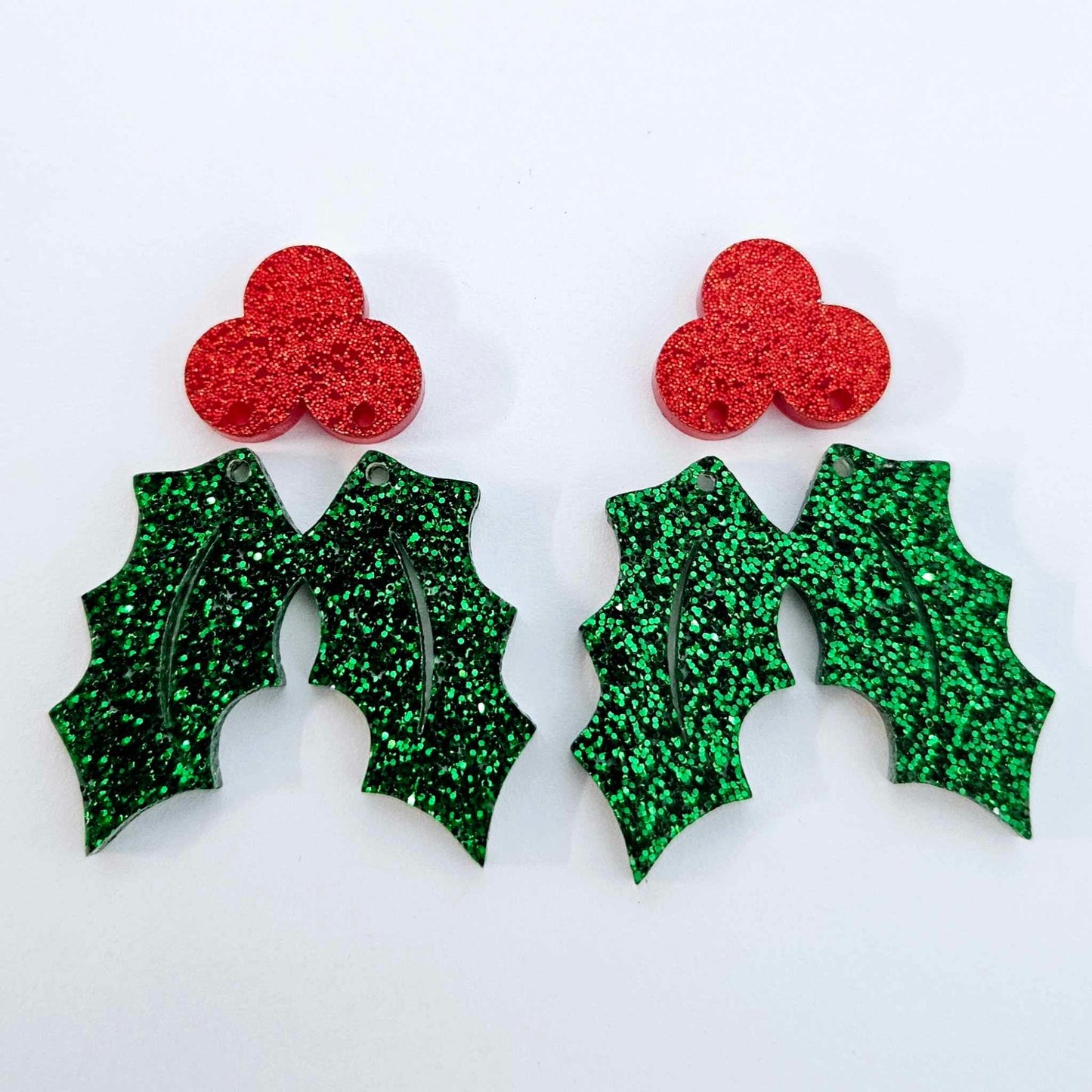 37mm RED & GREEN GLITTER Acrylic HOLLY Dangles